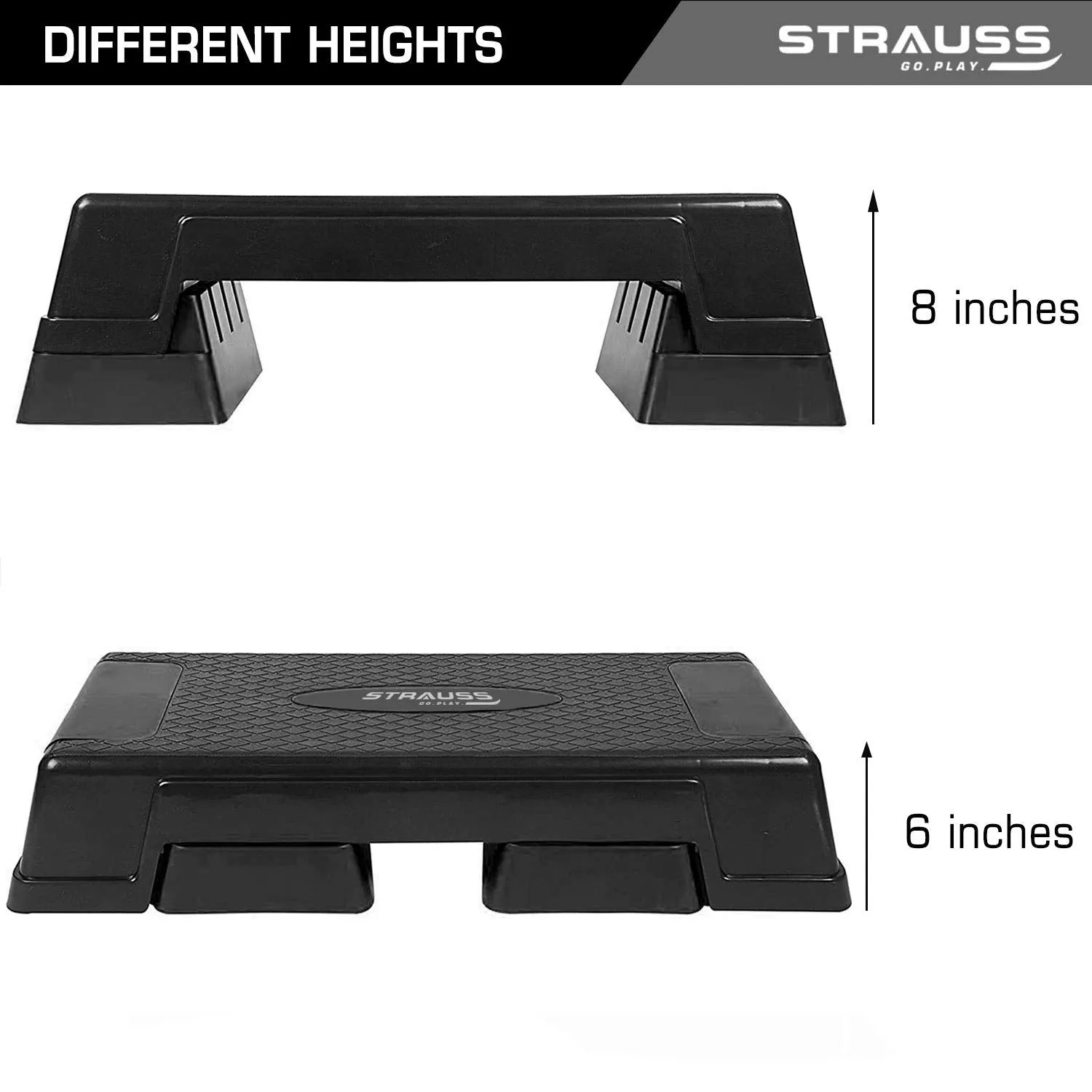 Strauss High Rise Aerobic Stepper | Two Height Level Adjustments - 6 inches and 8 inches | Slip-Resistant & Shock Absorbing Platform for Extra-Durability - Supports Upto 200 KG, (Black)