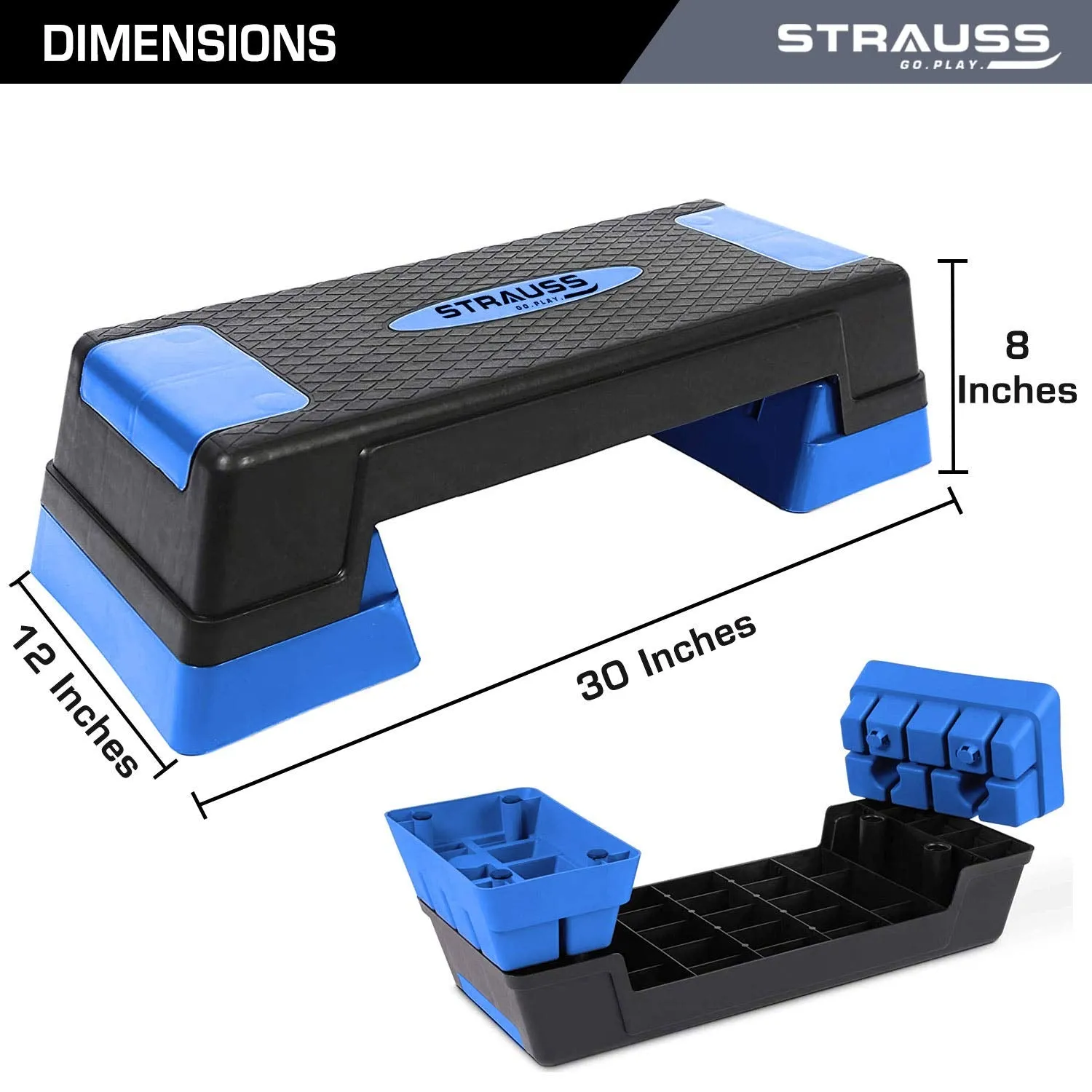 Strauss High Rise Aerobic Stepper | Two Height Level Adjustments - 6 inches and 8 inches | Slip-Resistant & Shock Absorbing Platform for Extra-Durability - Supports Upto 200 KG, (Blue)