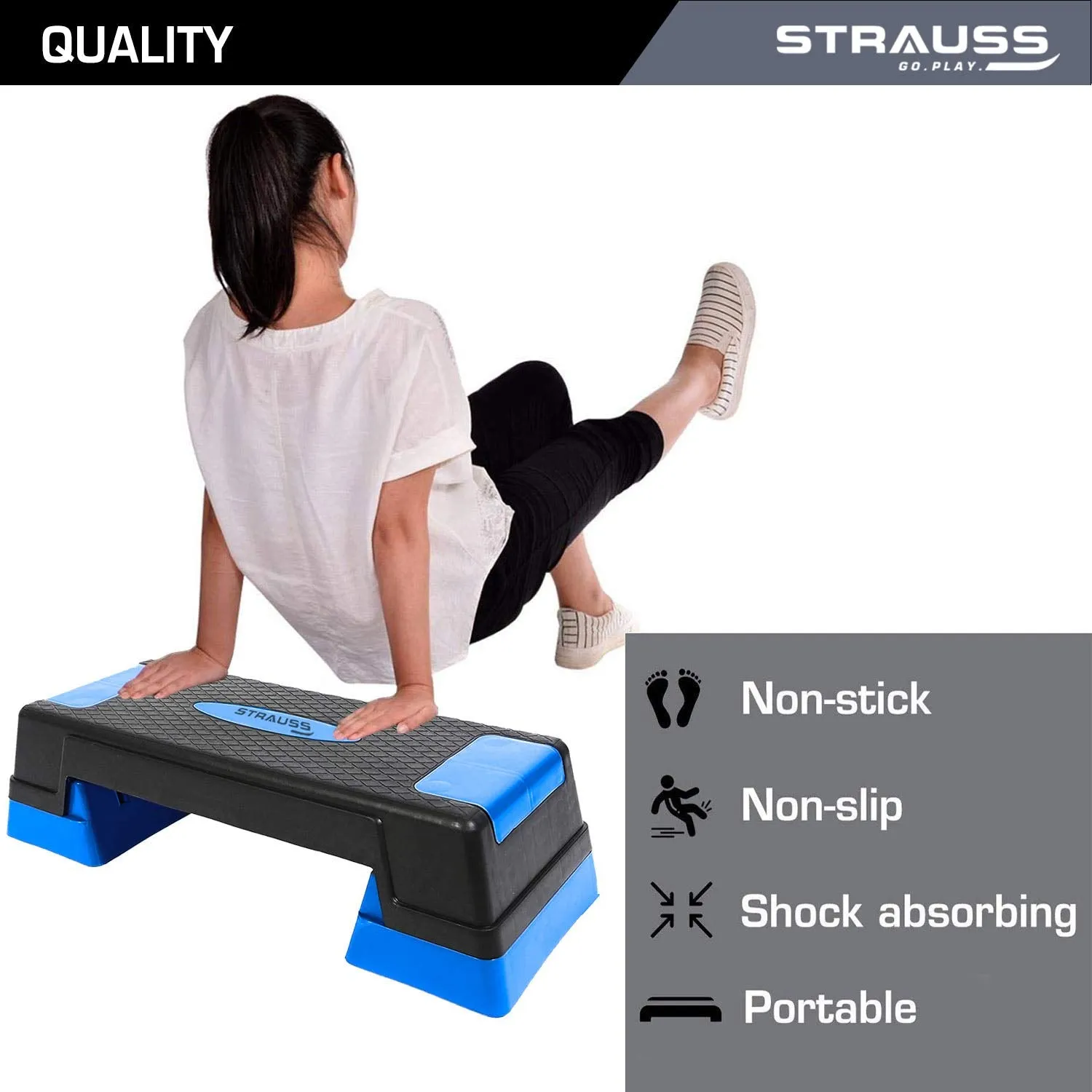 Strauss High Rise Aerobic Stepper | Two Height Level Adjustments - 6 inches and 8 inches | Slip-Resistant & Shock Absorbing Platform for Extra-Durability - Supports Upto 200 KG, (Blue)