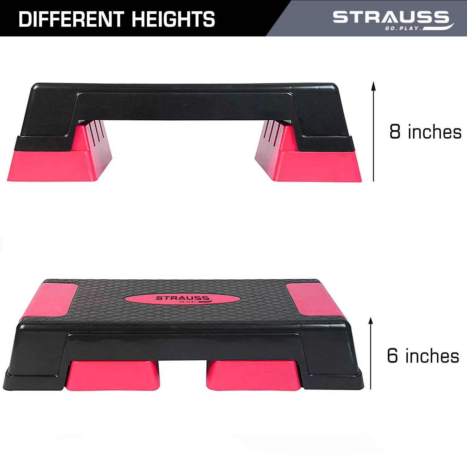 Strauss High Rise Aerobic Stepper | Two Height Level Adjustments - 6 inches and 8 inches | Slip-Resistant & Shock Absorbing Platform for Extra-Durability - Supports Upto 200 KG, (Pink)