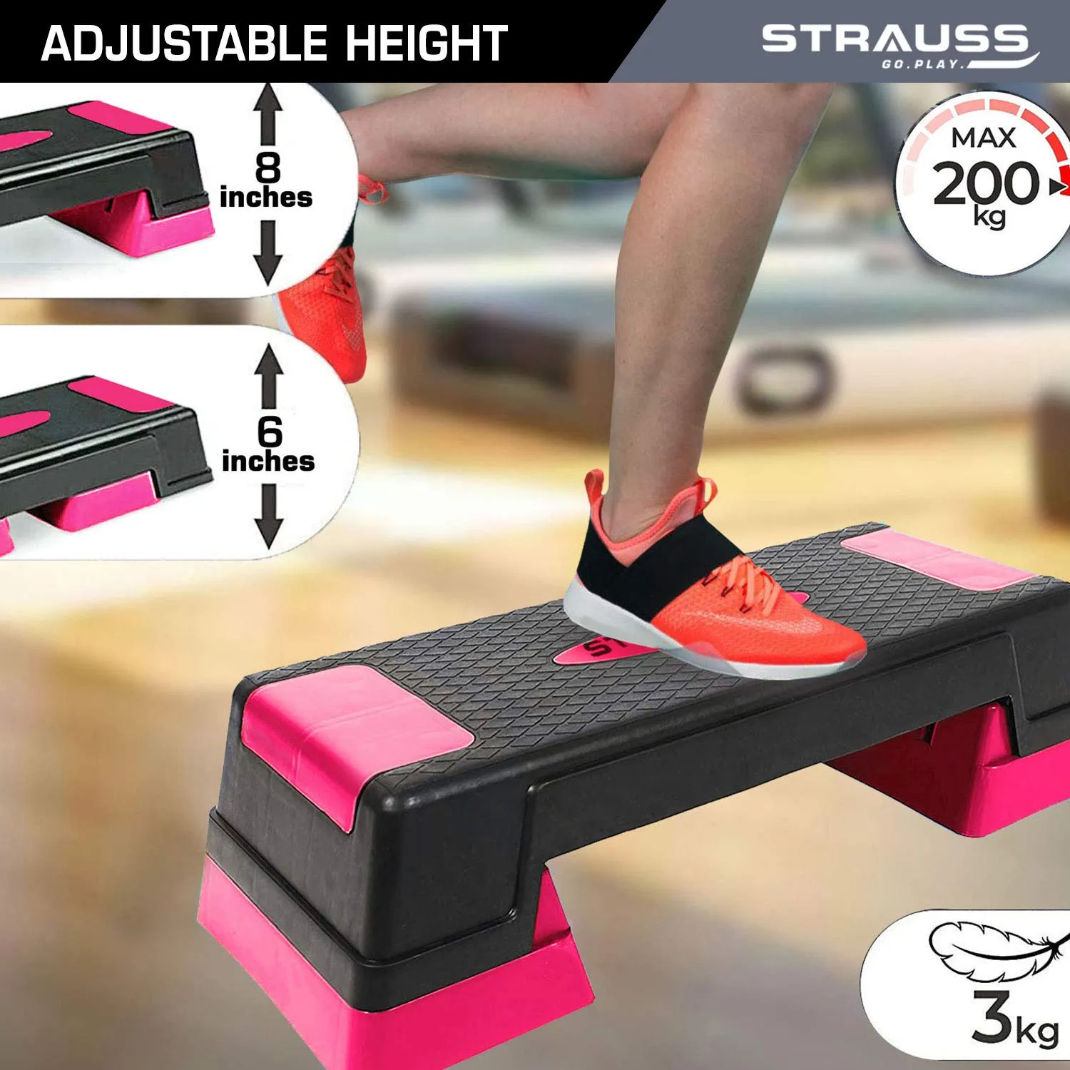 Strauss High Rise Aerobic Stepper | Two Height Level Adjustments - 6 inches and 8 inches | Slip-Resistant & Shock Absorbing Platform for Extra-Durability - Supports Upto 200 KG, (Pink)