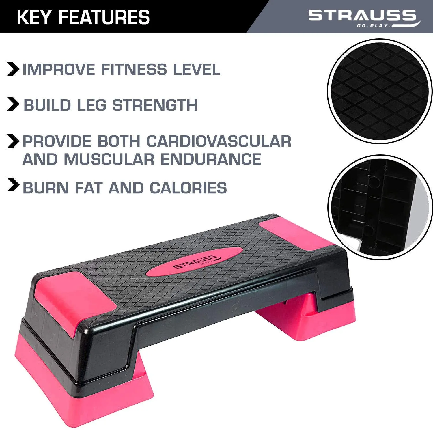 Strauss High Rise Aerobic Stepper | Two Height Level Adjustments - 6 inches and 8 inches | Slip-Resistant & Shock Absorbing Platform for Extra-Durability - Supports Upto 200 KG, (Pink)