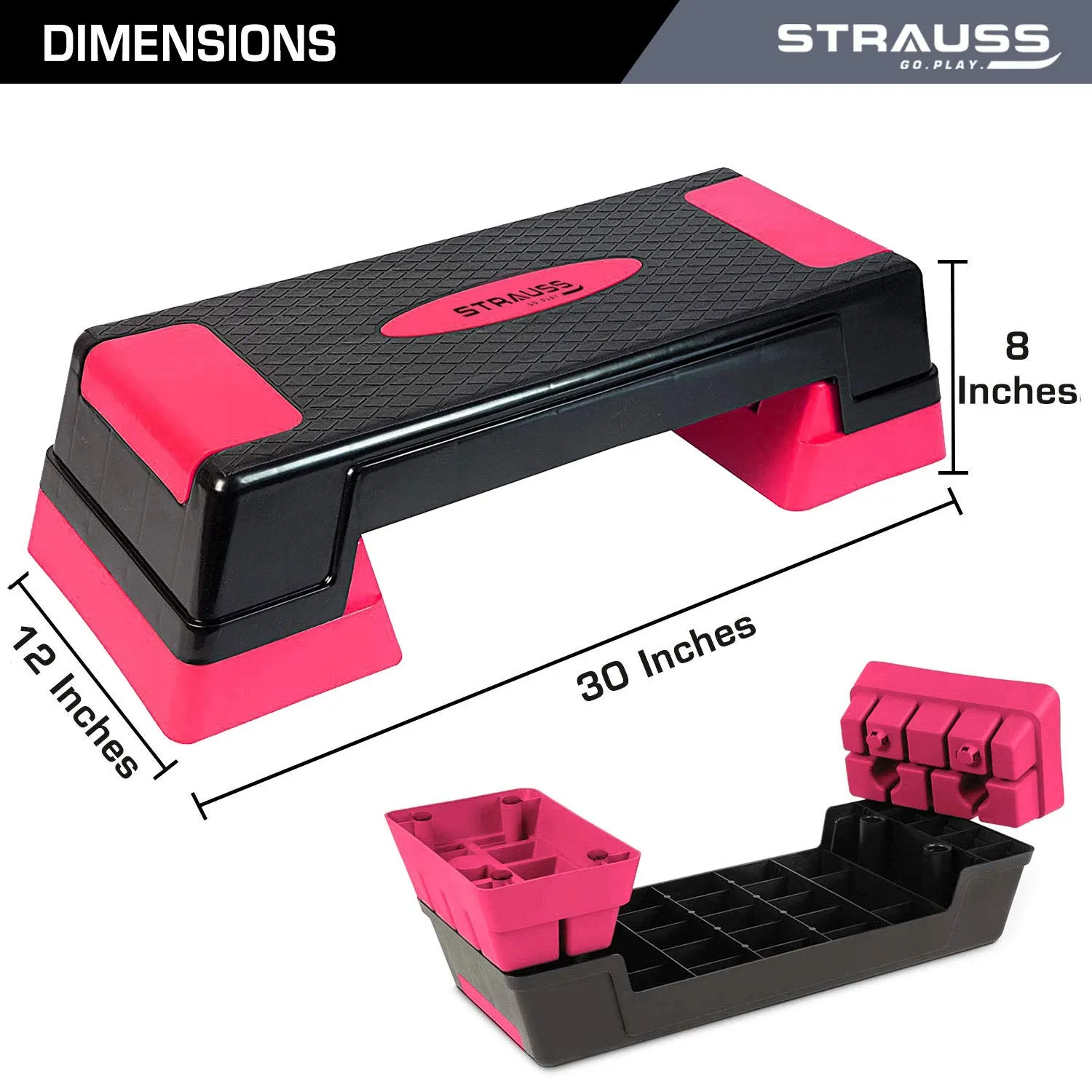 Strauss High Rise Aerobic Stepper | Two Height Level Adjustments - 6 inches and 8 inches | Slip-Resistant & Shock Absorbing Platform for Extra-Durability - Supports Upto 200 KG, (Pink)