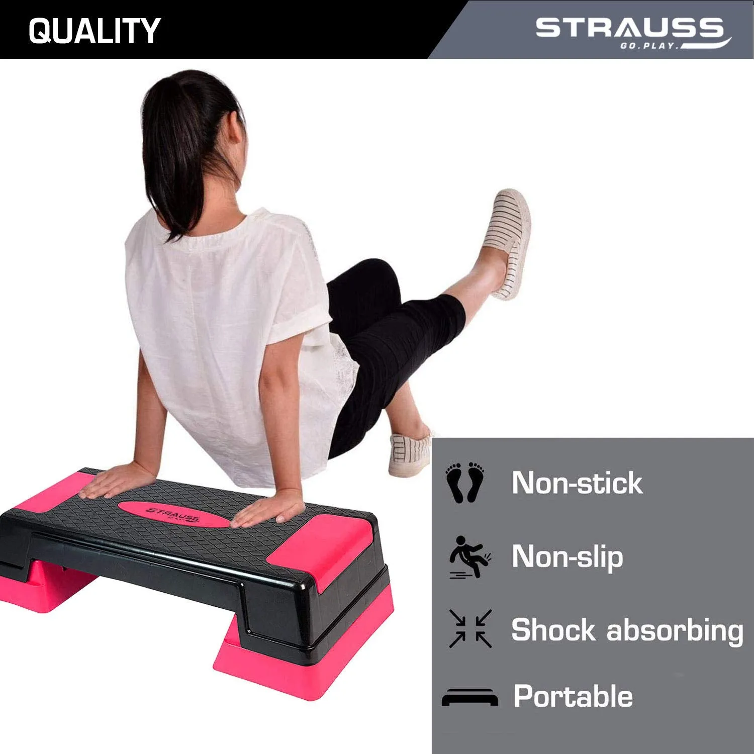 Strauss High Rise Aerobic Stepper | Two Height Level Adjustments - 6 inches and 8 inches | Slip-Resistant & Shock Absorbing Platform for Extra-Durability - Supports Upto 200 KG, (Pink)