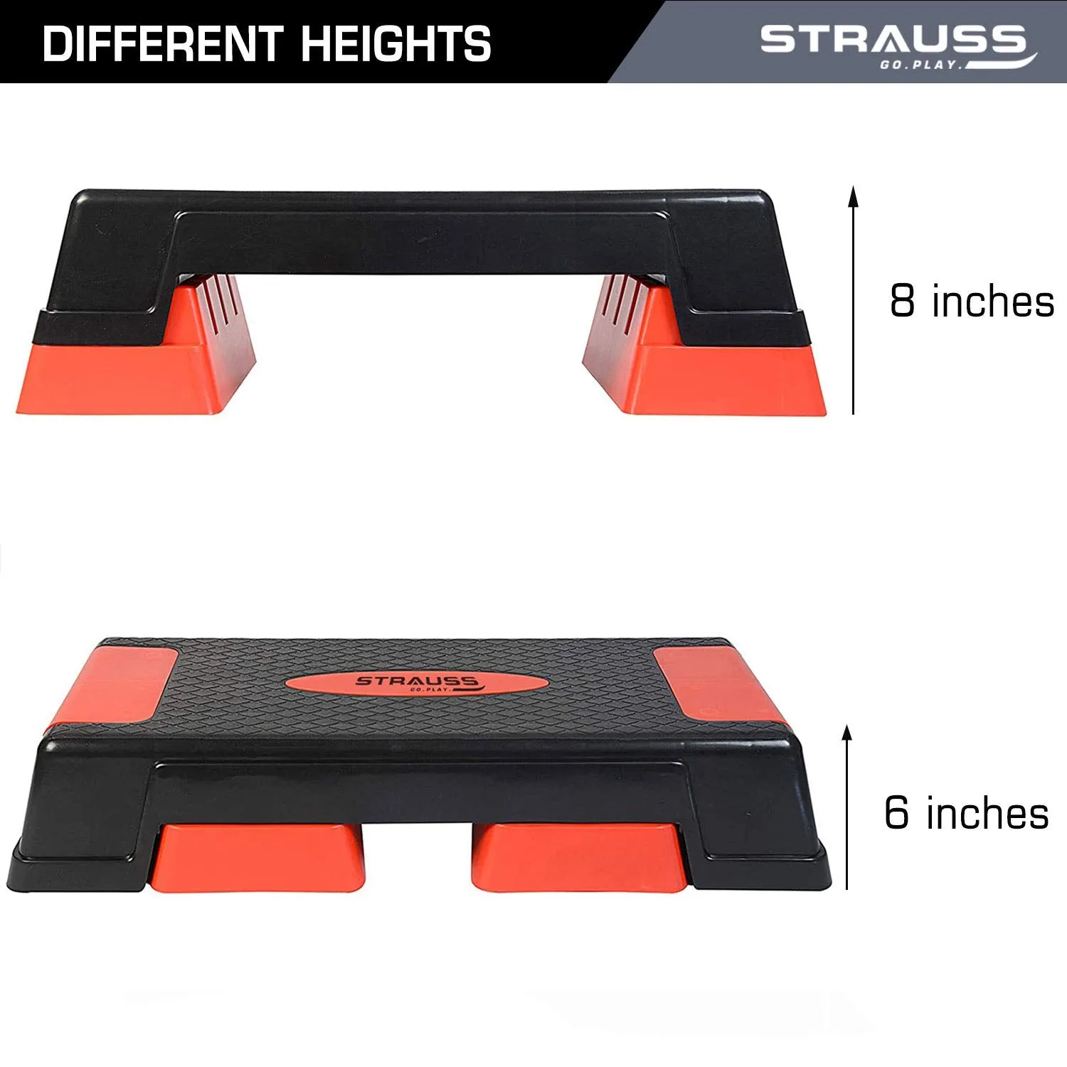 Strauss High Rise Aerobic Stepper | Two Height Level Adjustments - 6 inches and 8 inches | Slip-Resistant & Shock Absorbing Platform for Extra-Durability - Supports Upto 200 KG, (Red)