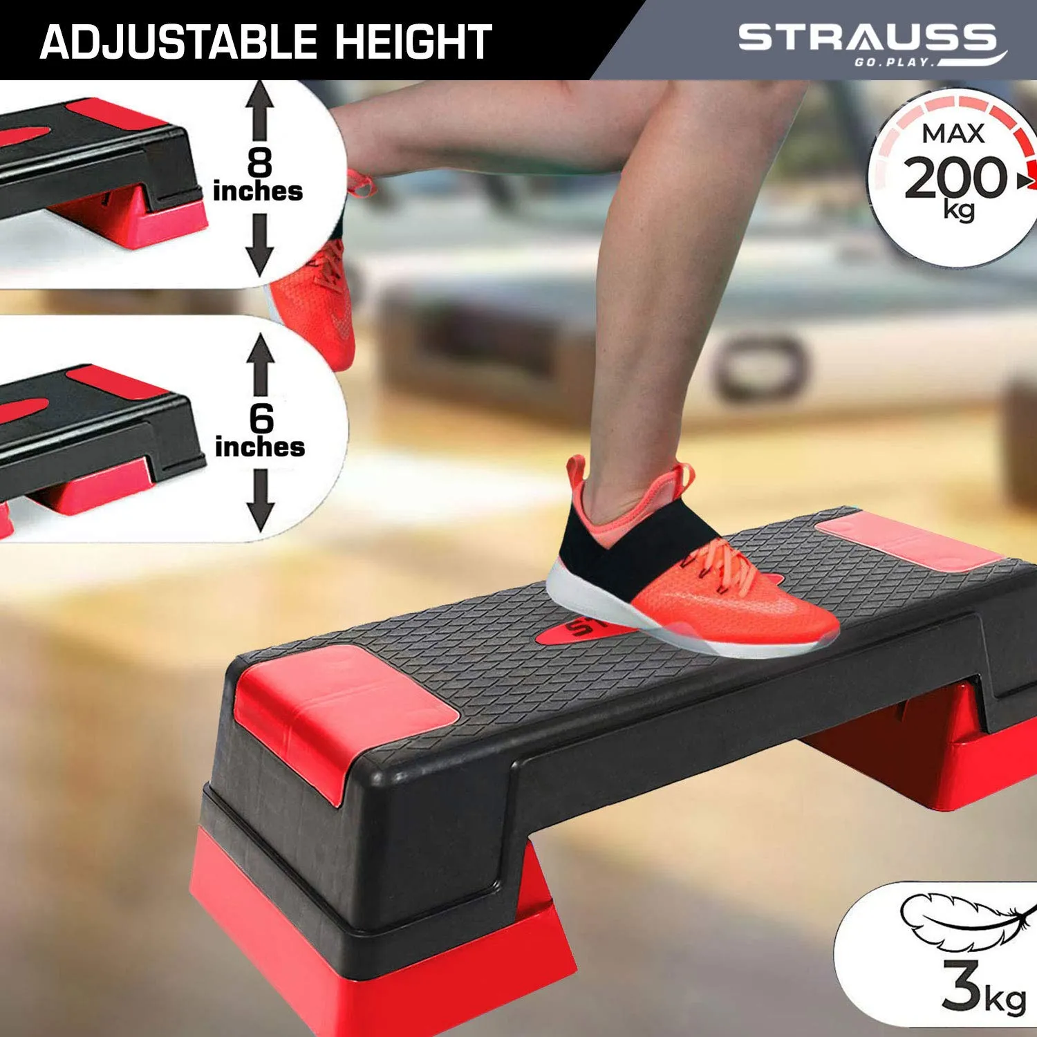 Strauss High Rise Aerobic Stepper | Two Height Level Adjustments - 6 inches and 8 inches | Slip-Resistant & Shock Absorbing Platform for Extra-Durability - Supports Upto 200 KG, (Red)