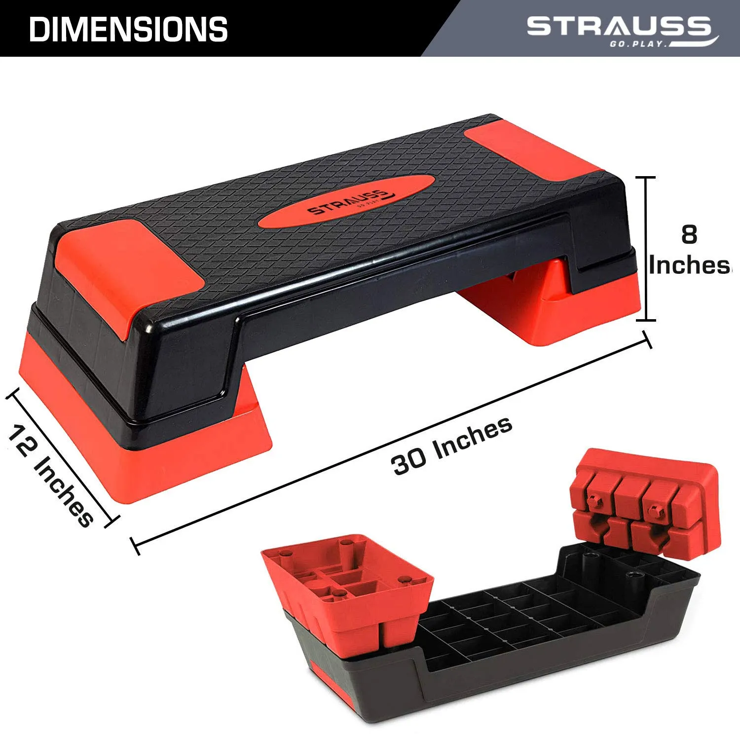 Strauss High Rise Aerobic Stepper | Two Height Level Adjustments - 6 inches and 8 inches | Slip-Resistant & Shock Absorbing Platform for Extra-Durability - Supports Upto 200 KG, (Red)