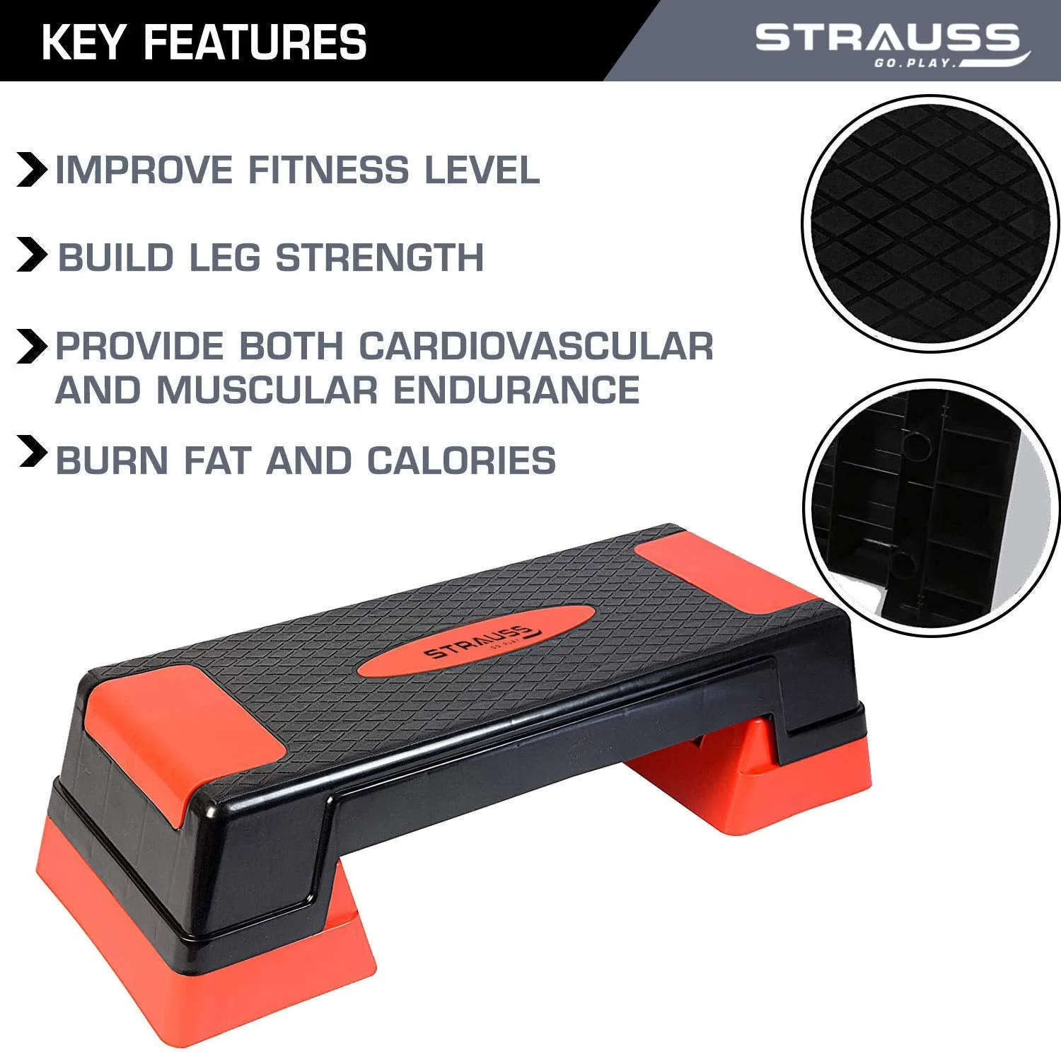 Strauss High Rise Aerobic Stepper | Two Height Level Adjustments - 6 inches and 8 inches | Slip-Resistant & Shock Absorbing Platform for Extra-Durability - Supports Upto 200 KG, (Red)