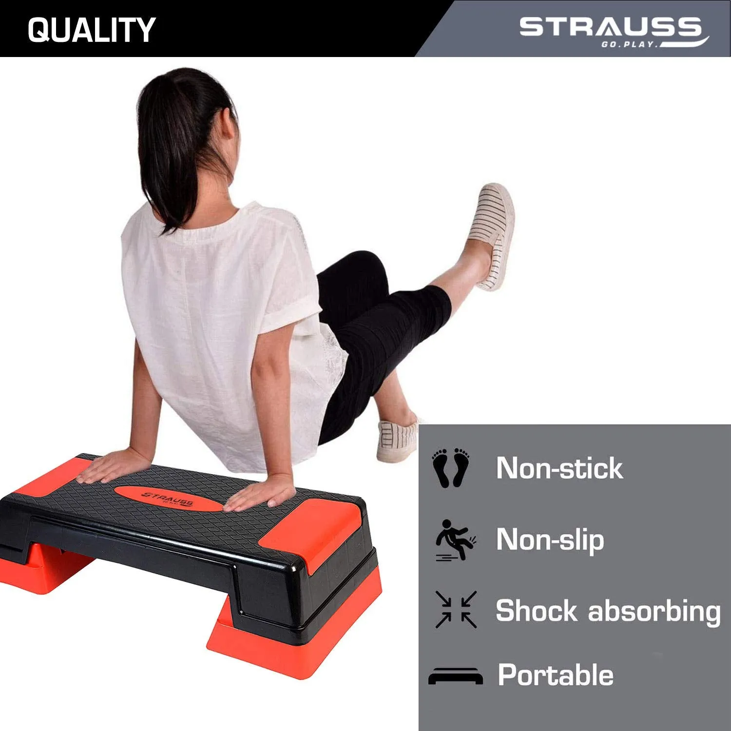 Strauss High Rise Aerobic Stepper | Two Height Level Adjustments - 6 inches and 8 inches | Slip-Resistant & Shock Absorbing Platform for Extra-Durability - Supports Upto 200 KG, (Red)