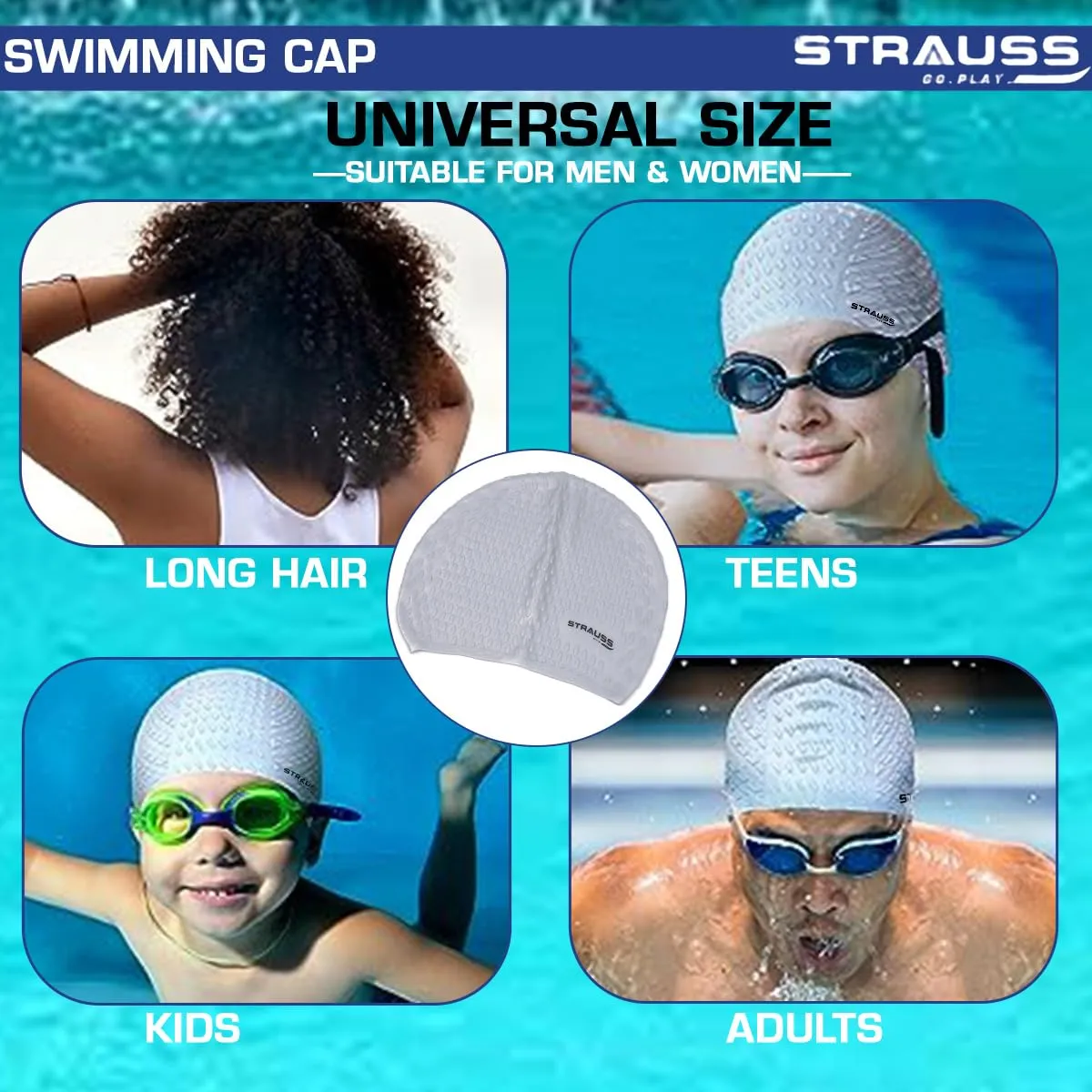 Strauss Latest Designed Swimming Cap|Keeps Hair Clean with Ear Protector|Suitable for Long and Short Hair|Swimming Head Cap with Breathable Fabric|Waterproof Swim Cap for Adult, Woman and Men,(Grey)