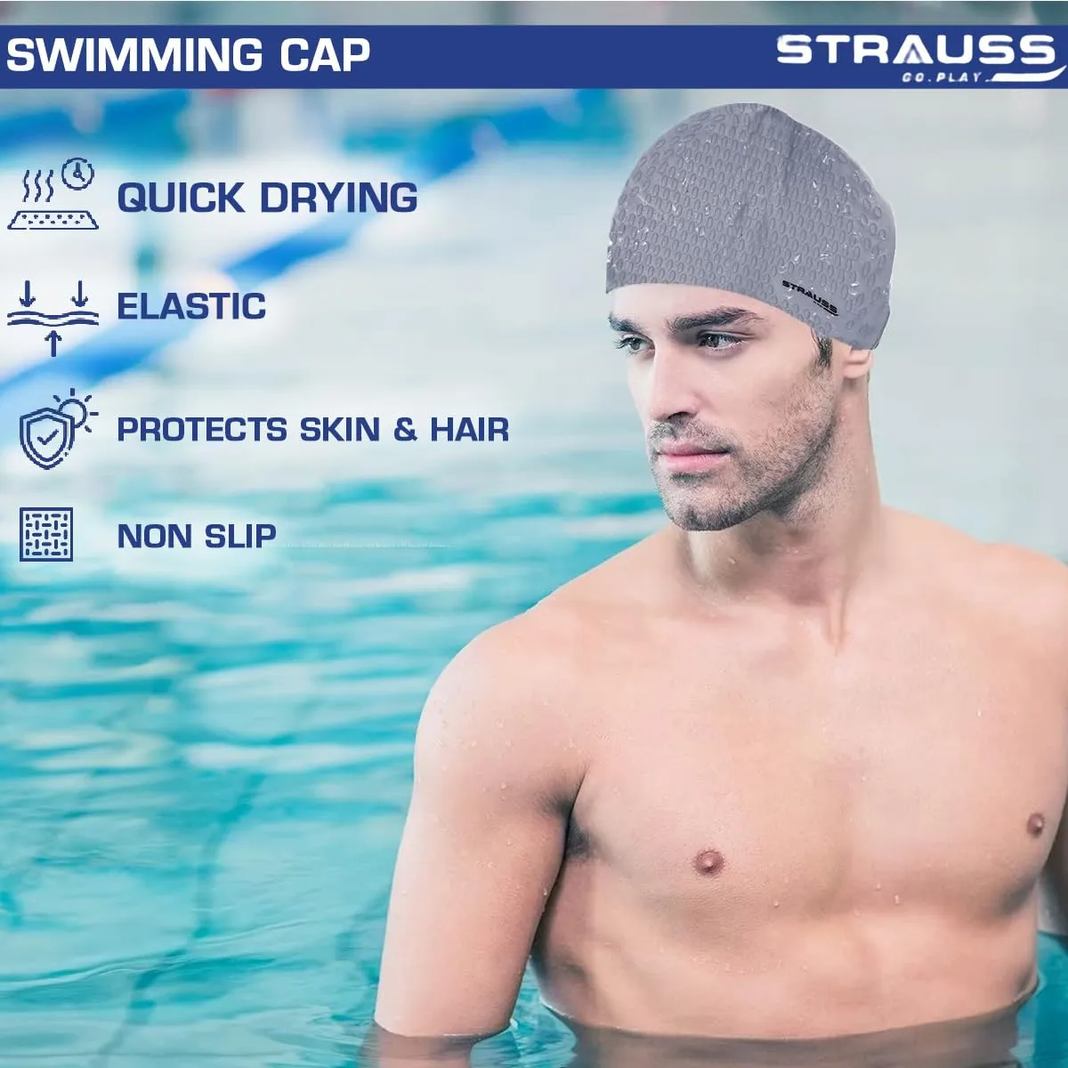 Strauss Latest Designed Swimming Cap|Keeps Hair Clean with Ear Protector|Suitable for Long and Short Hair|Swimming Head Cap with Breathable Fabric|Waterproof Swim Cap for Adult, Woman and Men,(Grey)