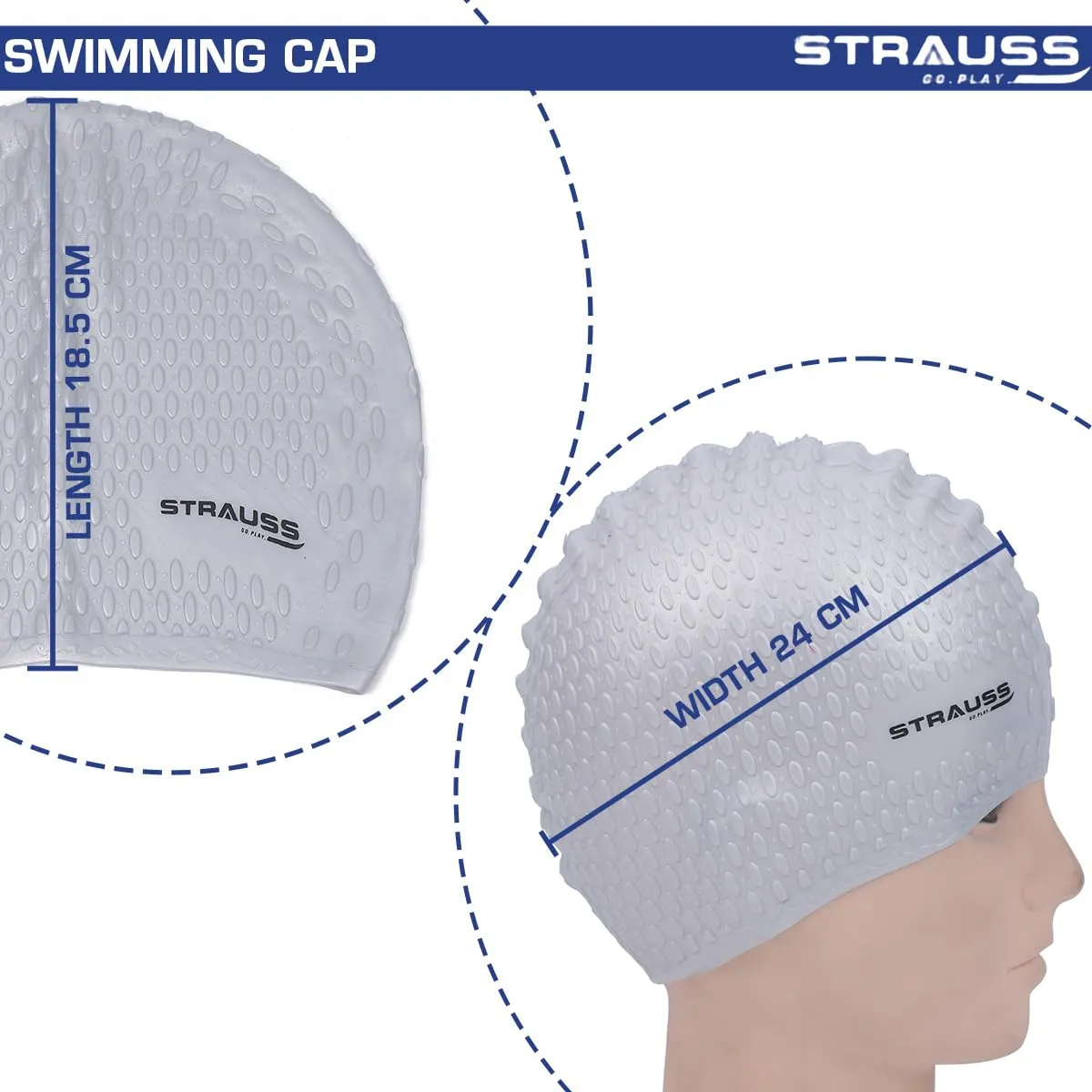 Strauss Latest Designed Swimming Cap|Keeps Hair Clean with Ear Protector|Suitable for Long and Short Hair|Swimming Head Cap with Breathable Fabric|Waterproof Swim Cap for Adult, Woman and Men,(Grey)