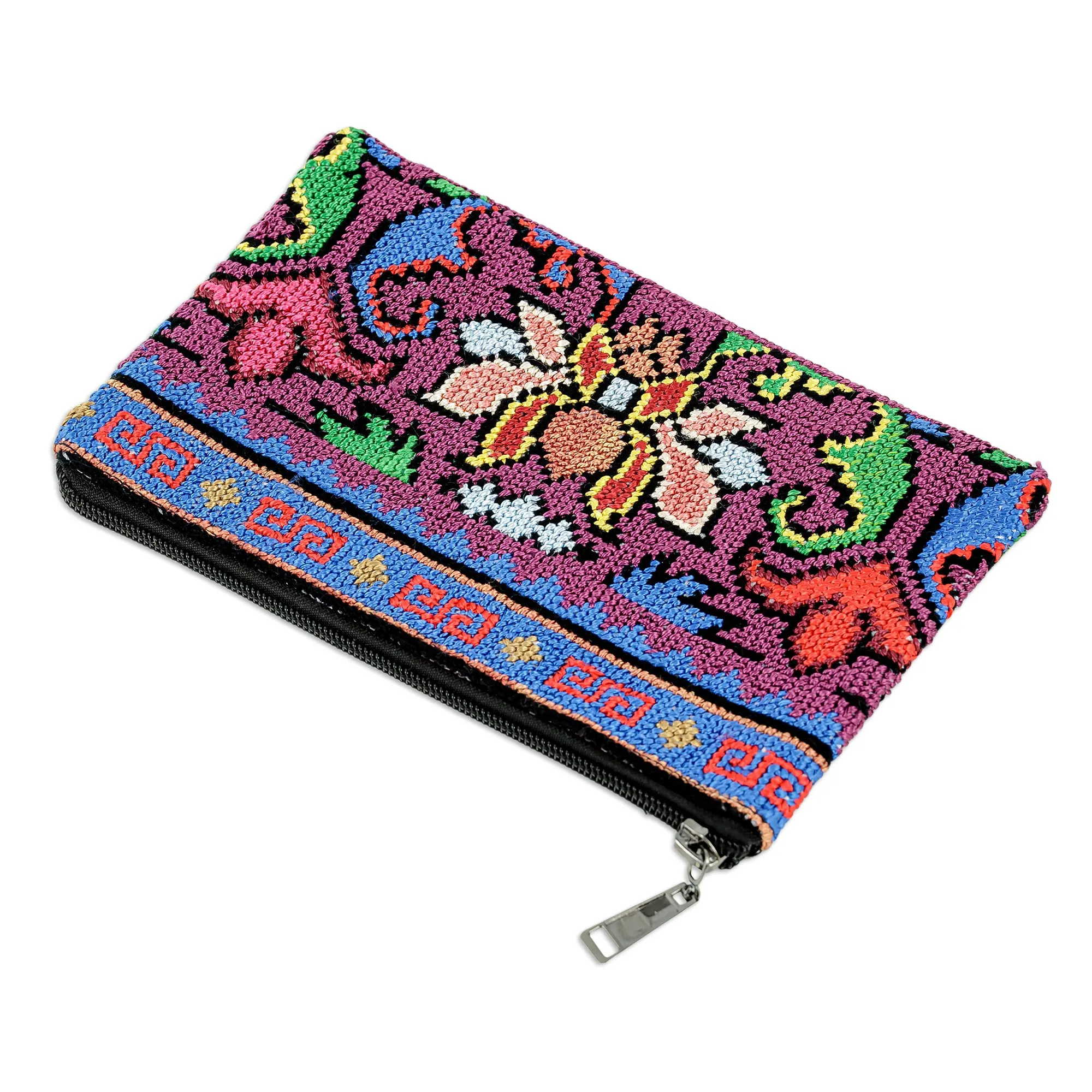 Suzani Hand-Embroidered Cotton Blend Floral Cosmetic Bag - Tulip Garden | NOVICA