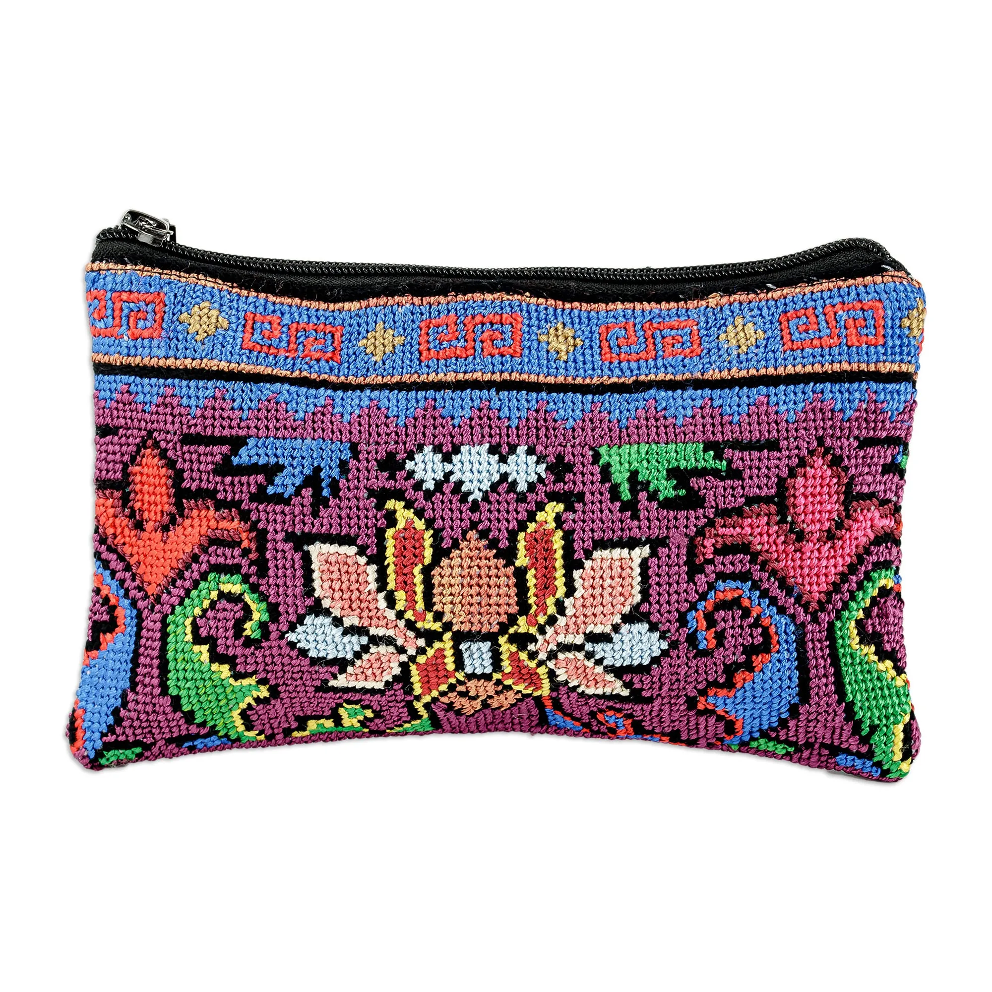 Suzani Hand-Embroidered Cotton Blend Floral Cosmetic Bag - Tulip Garden | NOVICA