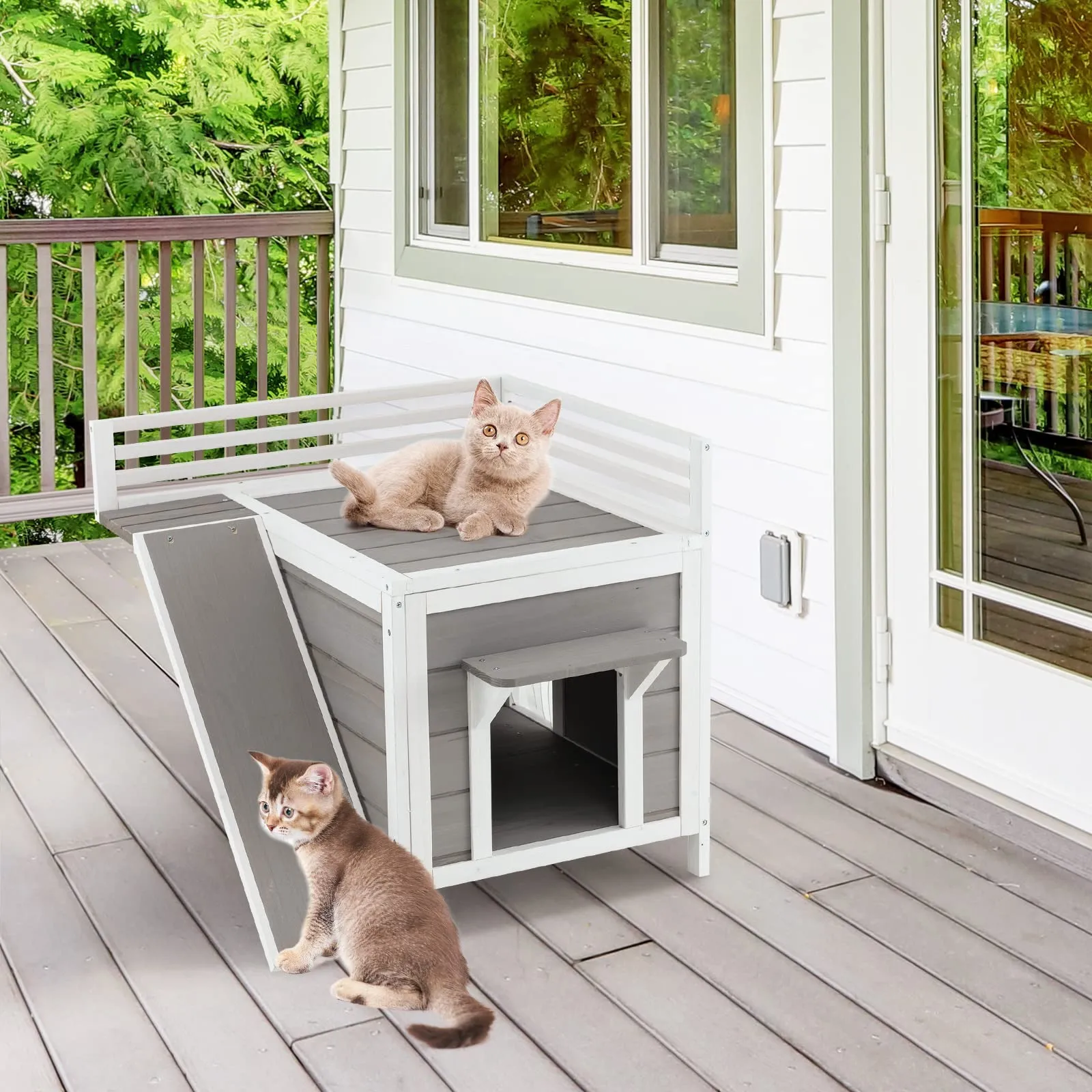 Tangkula 2-Story Outdoor Cat House, Feral Kitty Houses with Escape Doors