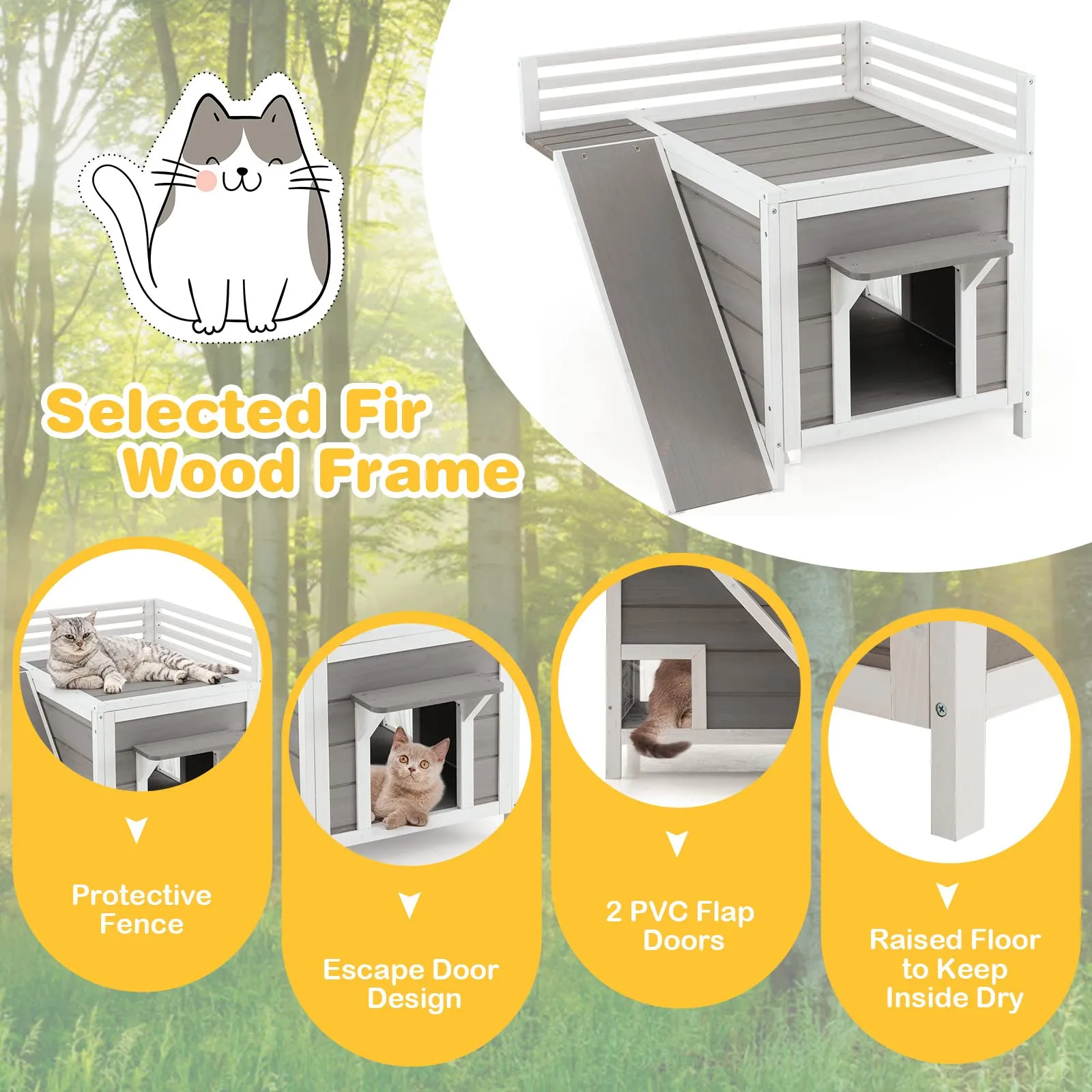 Tangkula 2-Story Outdoor Cat House, Feral Kitty Houses with Escape Doors