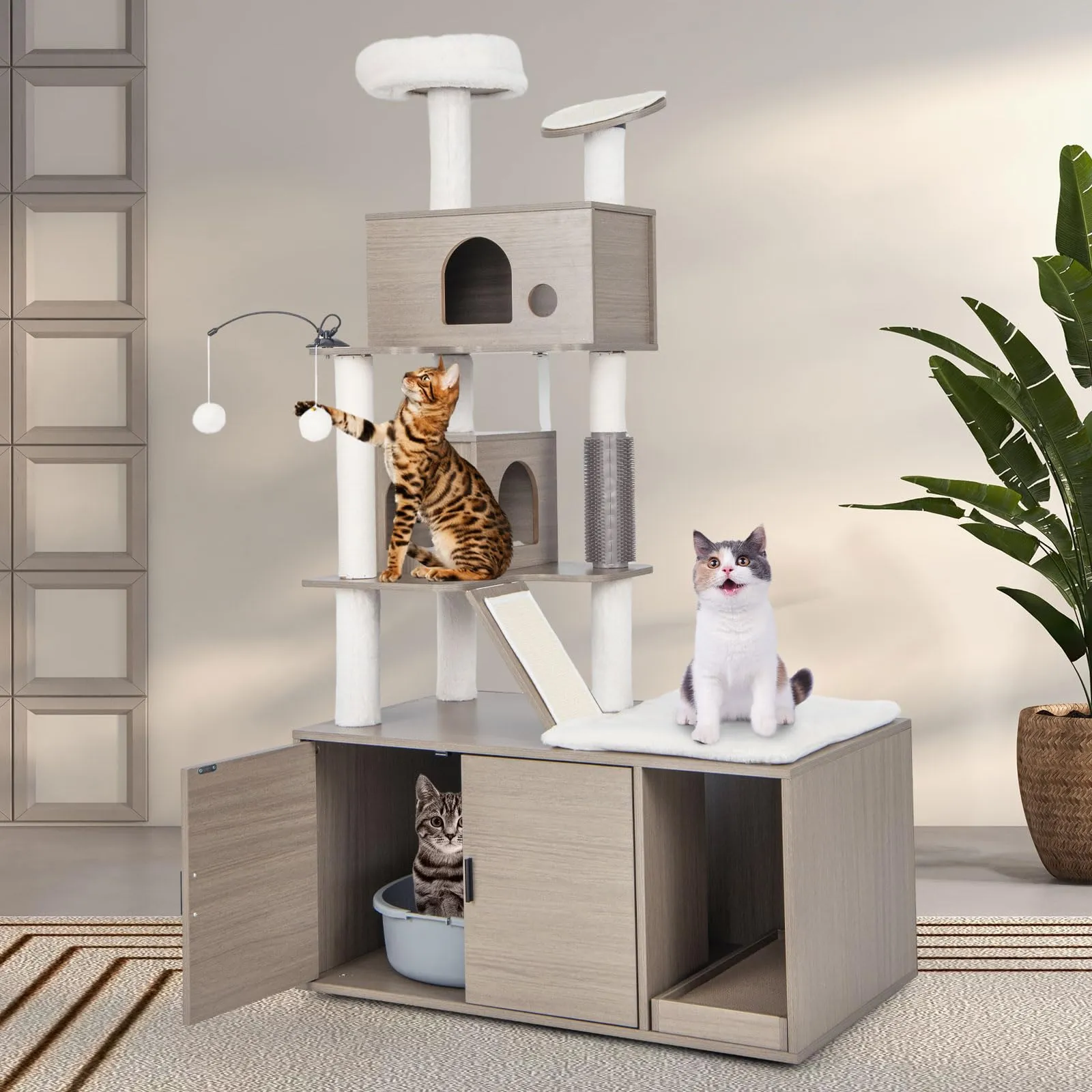 Tangkula Cat Tree with Litter Box Enclosure, Cat Tower with Litter Box, 2 Condos, Scratching Posts