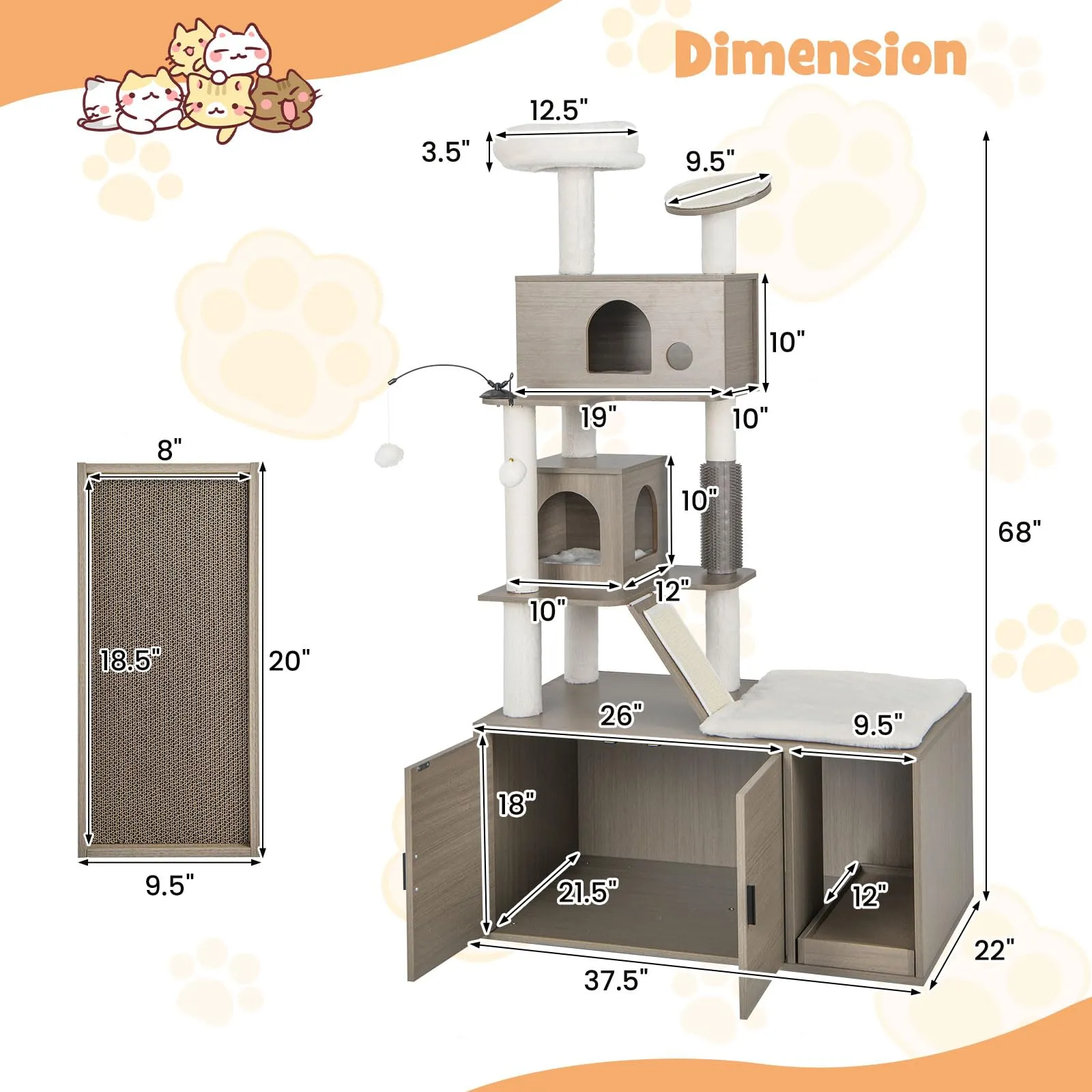 Tangkula Cat Tree with Litter Box Enclosure, Cat Tower with Litter Box, 2 Condos, Scratching Posts