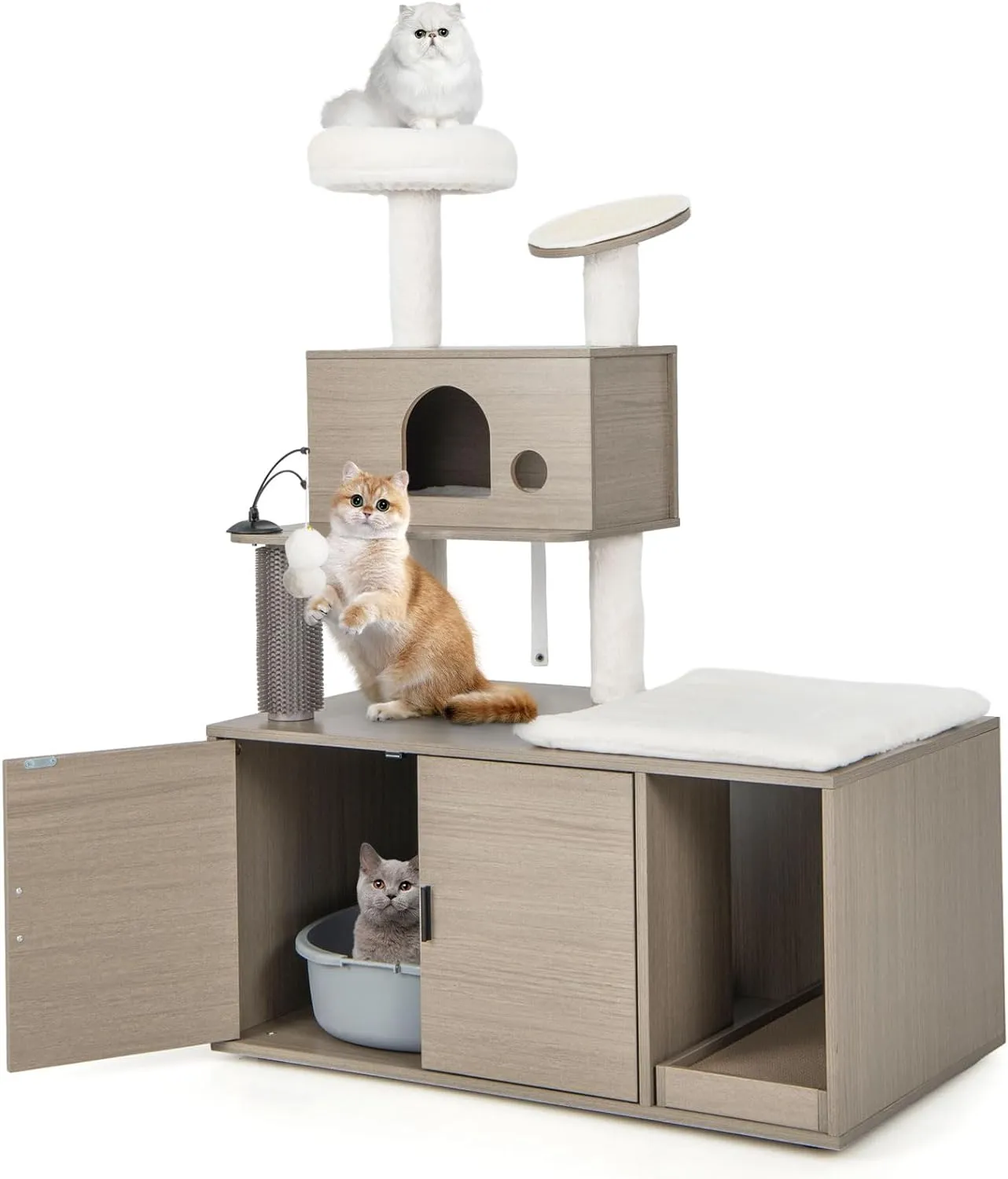 Tangkula Cat Tree with Litter Box Enclosure, Cat Tower with Litter Box, 2 Condos, Scratching Posts