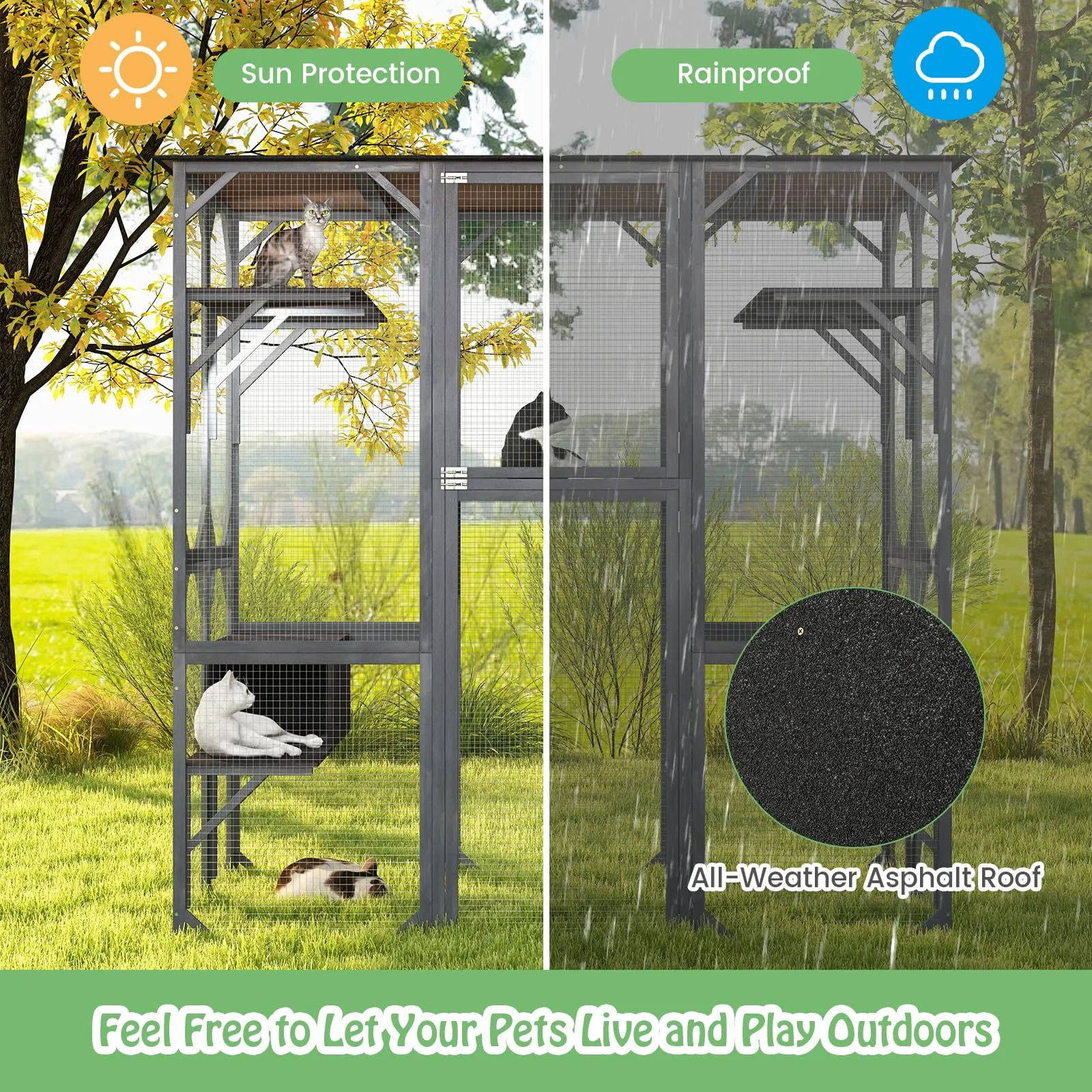 Tangkula Catio Outdoor Cat Enclosure Large, 71 Inch Outdoor Cat House Weatherproof with Asphalt Roof