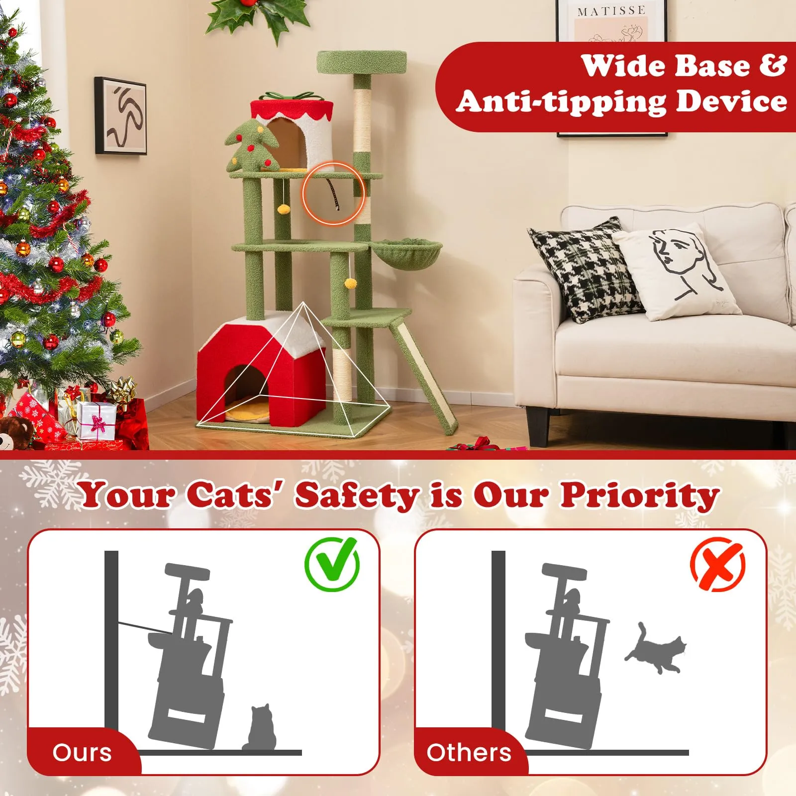 Tangkula Christmas Cat Tree, 61” Tall Cat Tower with Sisal Scratching Posts & Climbing Ladder