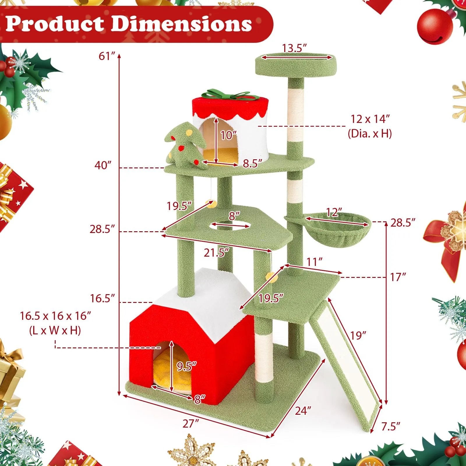 Tangkula Christmas Cat Tree, 61” Tall Cat Tower with Sisal Scratching Posts & Climbing Ladder