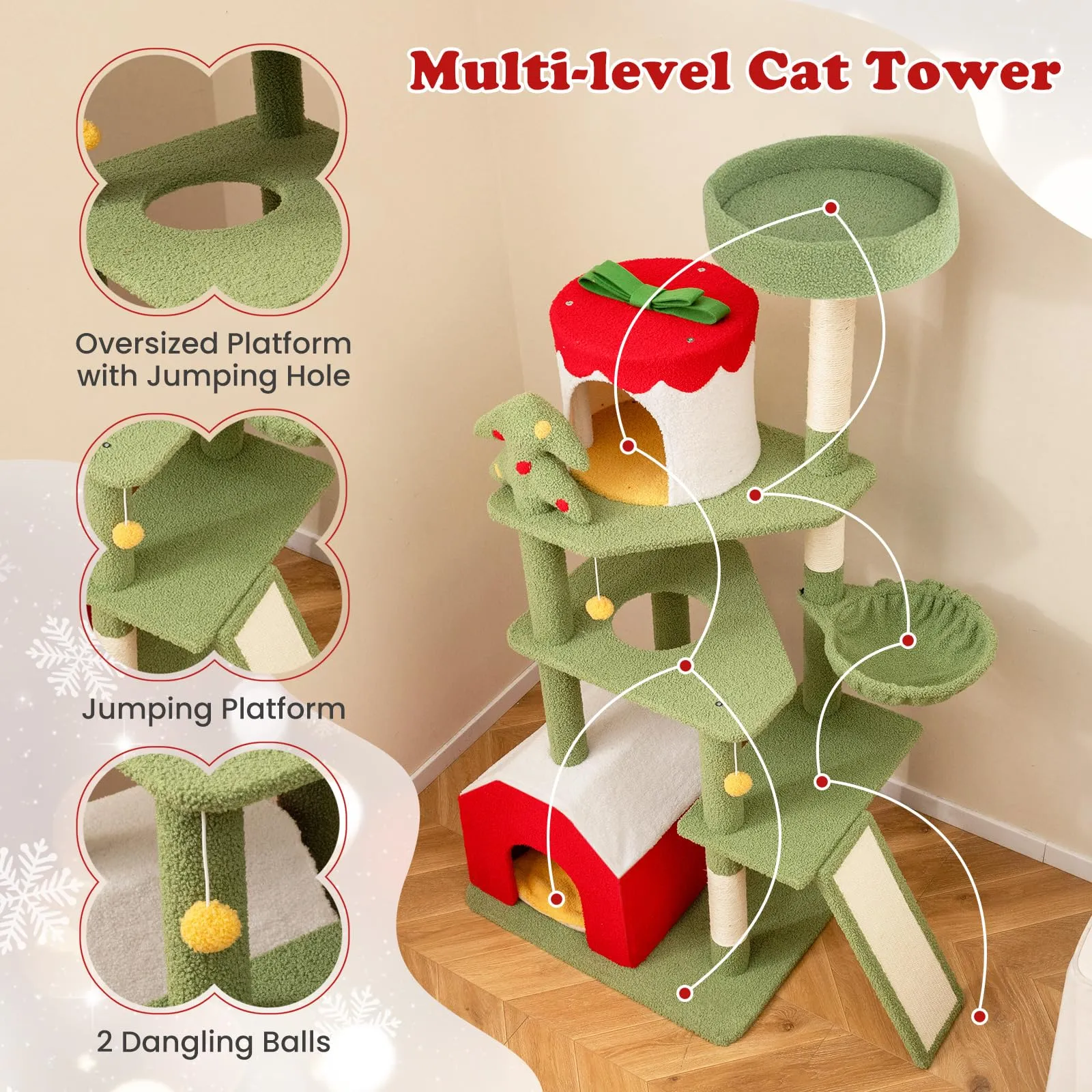 Tangkula Christmas Cat Tree, 61” Tall Cat Tower with Sisal Scratching Posts & Climbing Ladder