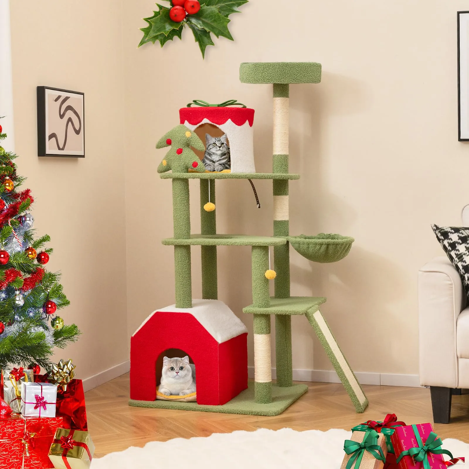 Tangkula Christmas Cat Tree, 61” Tall Cat Tower with Sisal Scratching Posts & Climbing Ladder