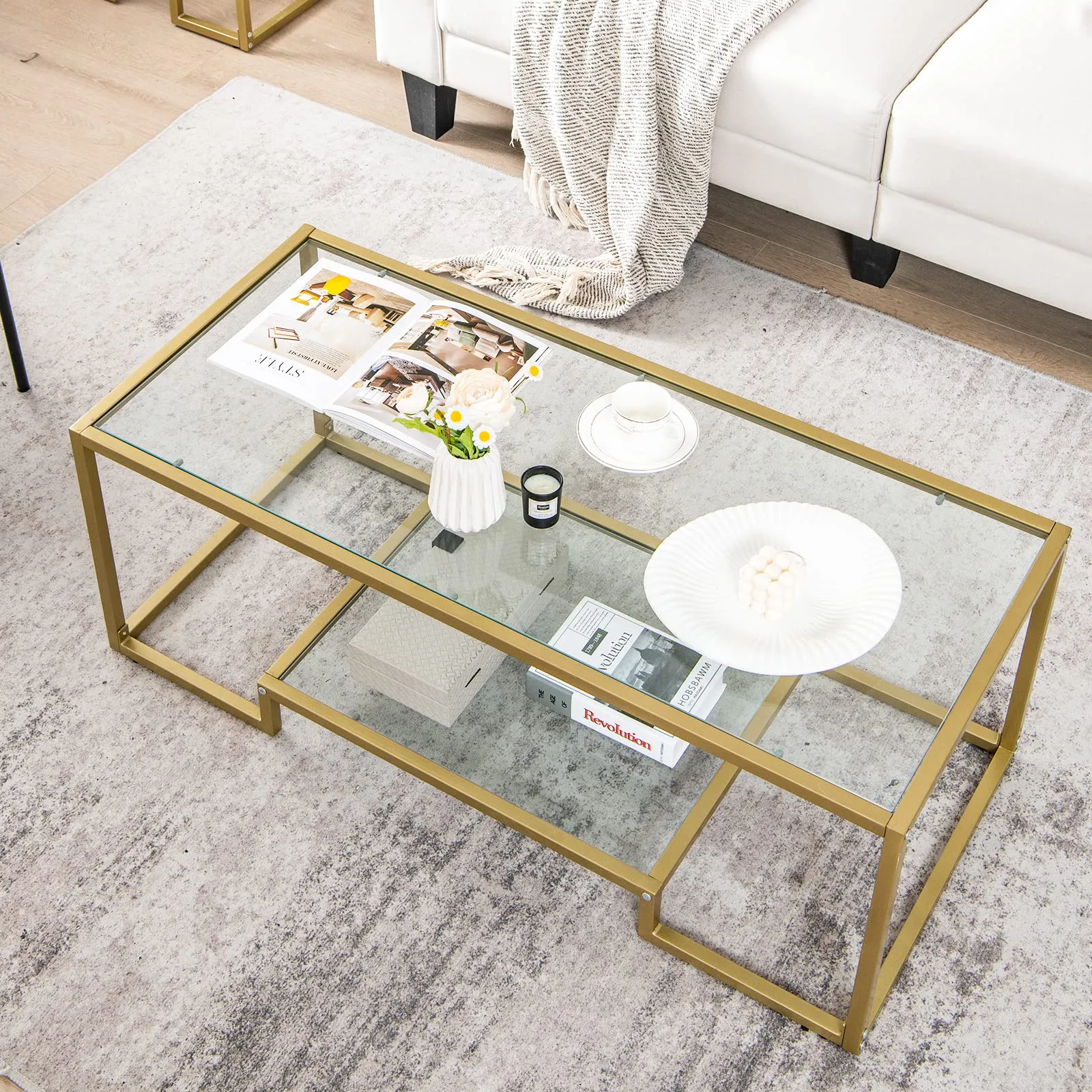 Tangkula Coffee Table Set of 2, Living Room Accent Table Set Includes Modern Deluxe Center Table & Square End Table