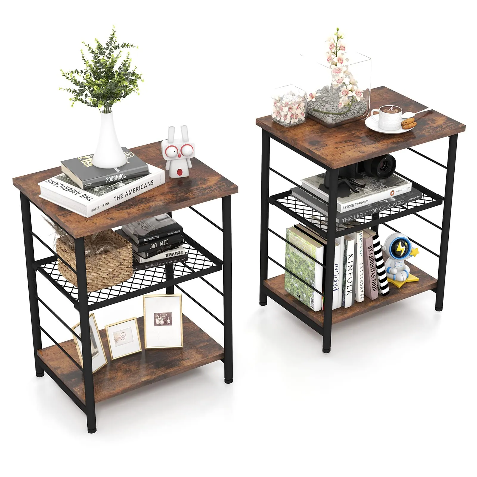 Tangkula Industrial End Table, 3-Tier Side Table with Height Adjustable Metal Mesh Shelf