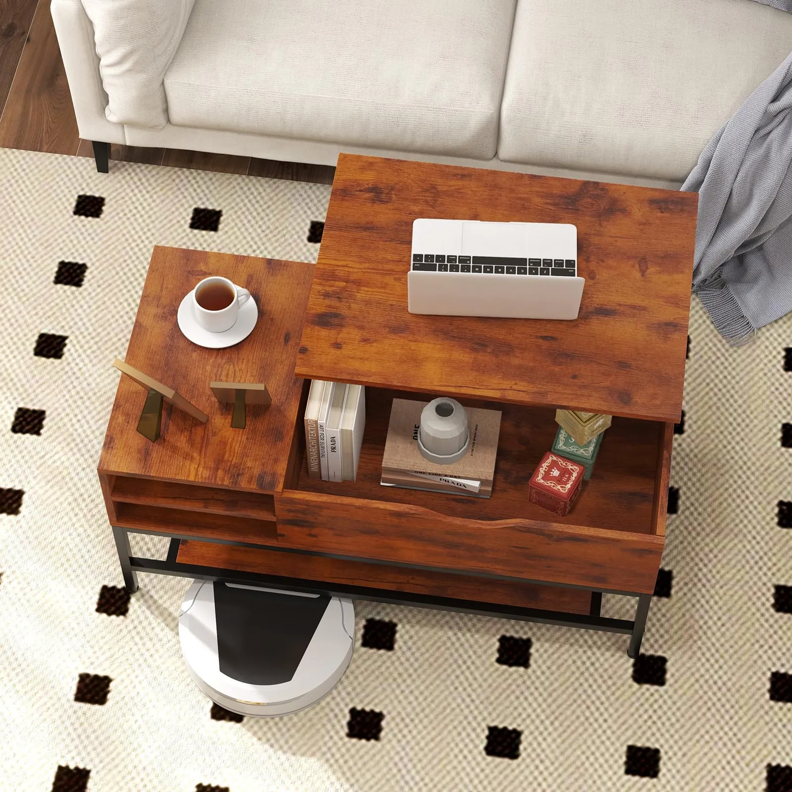 Tangkula Lift Top Coffee Table, Industrial Living Room Table with Hidden Compartment(Industrial, Rustic Brown)