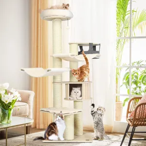 Tangkula Modern Cat Tree, Multi-Level Large Cat Tower with Sisal Scratching Posts, Hammocks, Hanging Basket