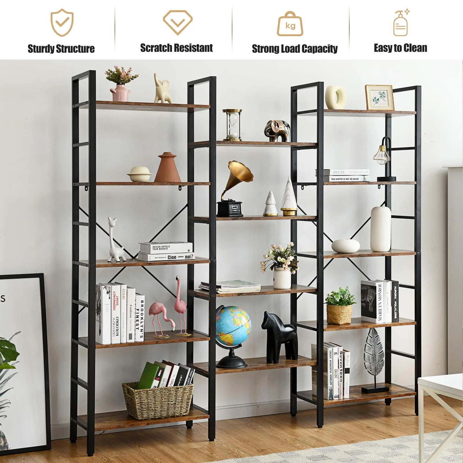 Tangkula Triple Wide 5-Tier Bookcase, Large Open Bookshelf, Display & Storage Shelf