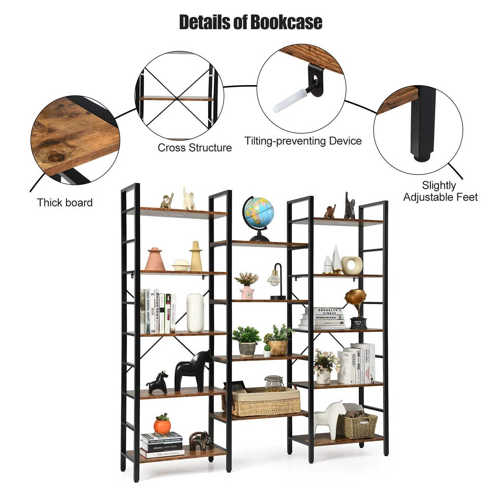 Tangkula Triple Wide 5-Tier Bookcase, Large Open Bookshelf, Display & Storage Shelf