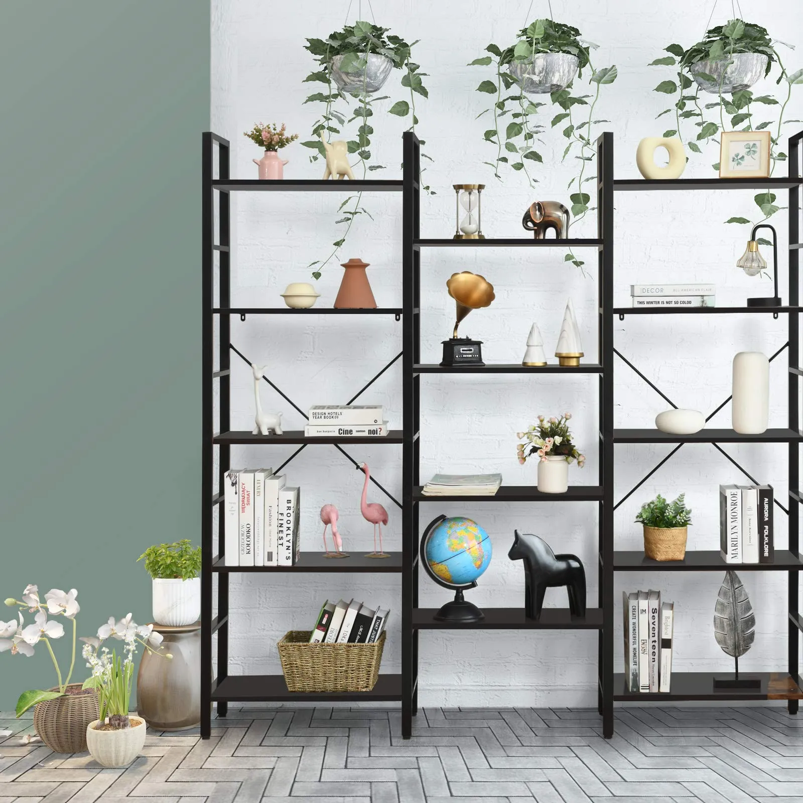 Tangkula Triple Wide 5-Tier Bookcase, Large Open Bookshelf, Display & Storage Shelf