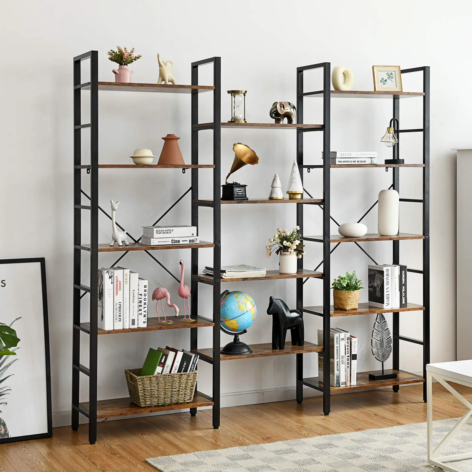 Tangkula Triple Wide 5-Tier Bookcase, Large Open Bookshelf, Display & Storage Shelf