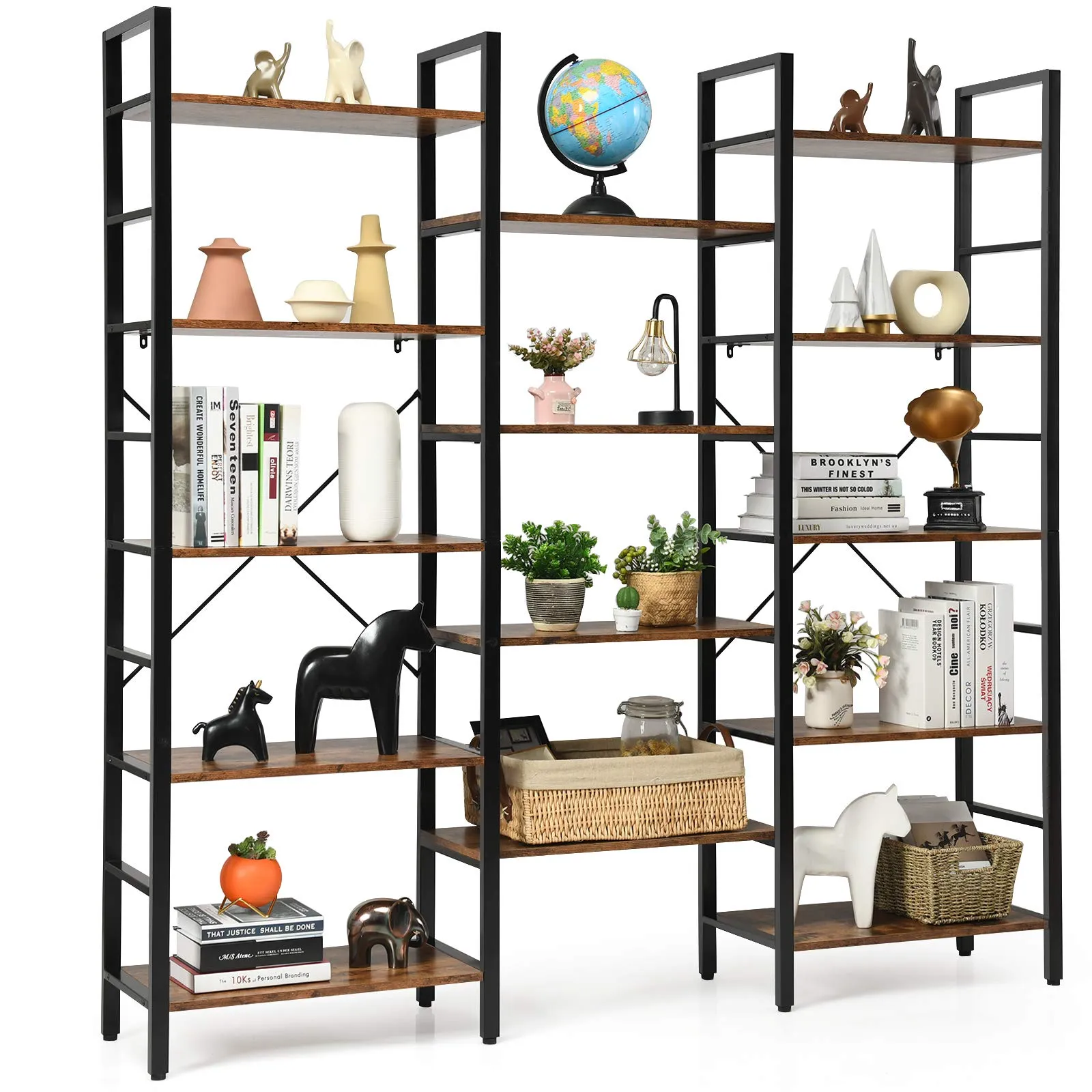 Tangkula Triple Wide 5-Tier Bookcase, Large Open Bookshelf, Display & Storage Shelf