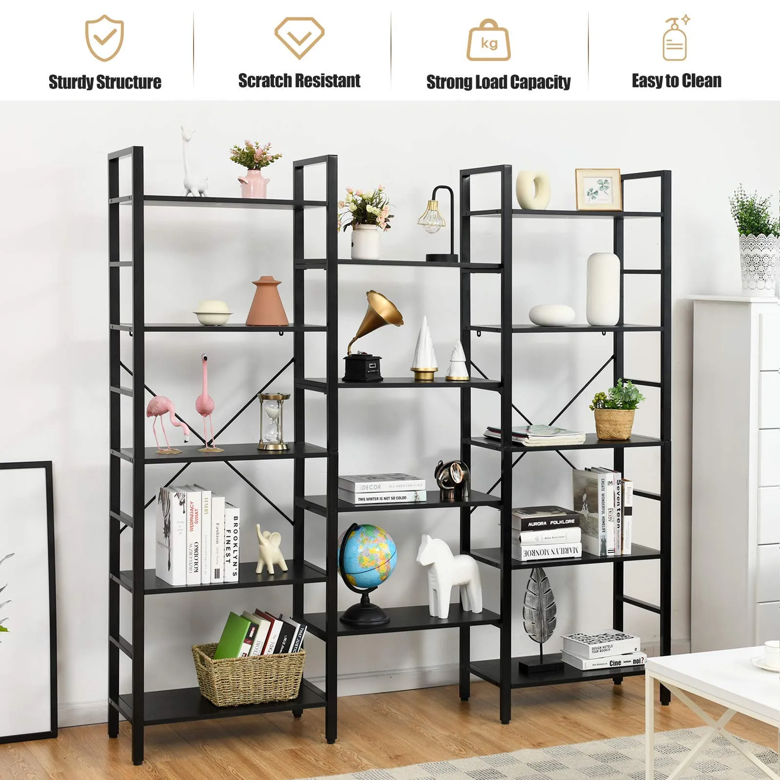 Tangkula Triple Wide 5-Tier Bookcase, Large Open Bookshelf, Display & Storage Shelf