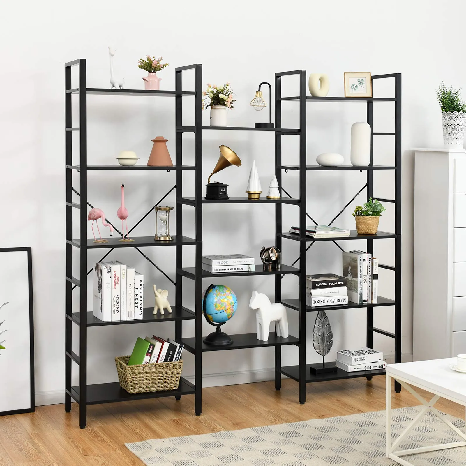 Tangkula Triple Wide 5-Tier Bookcase, Large Open Bookshelf, Display & Storage Shelf