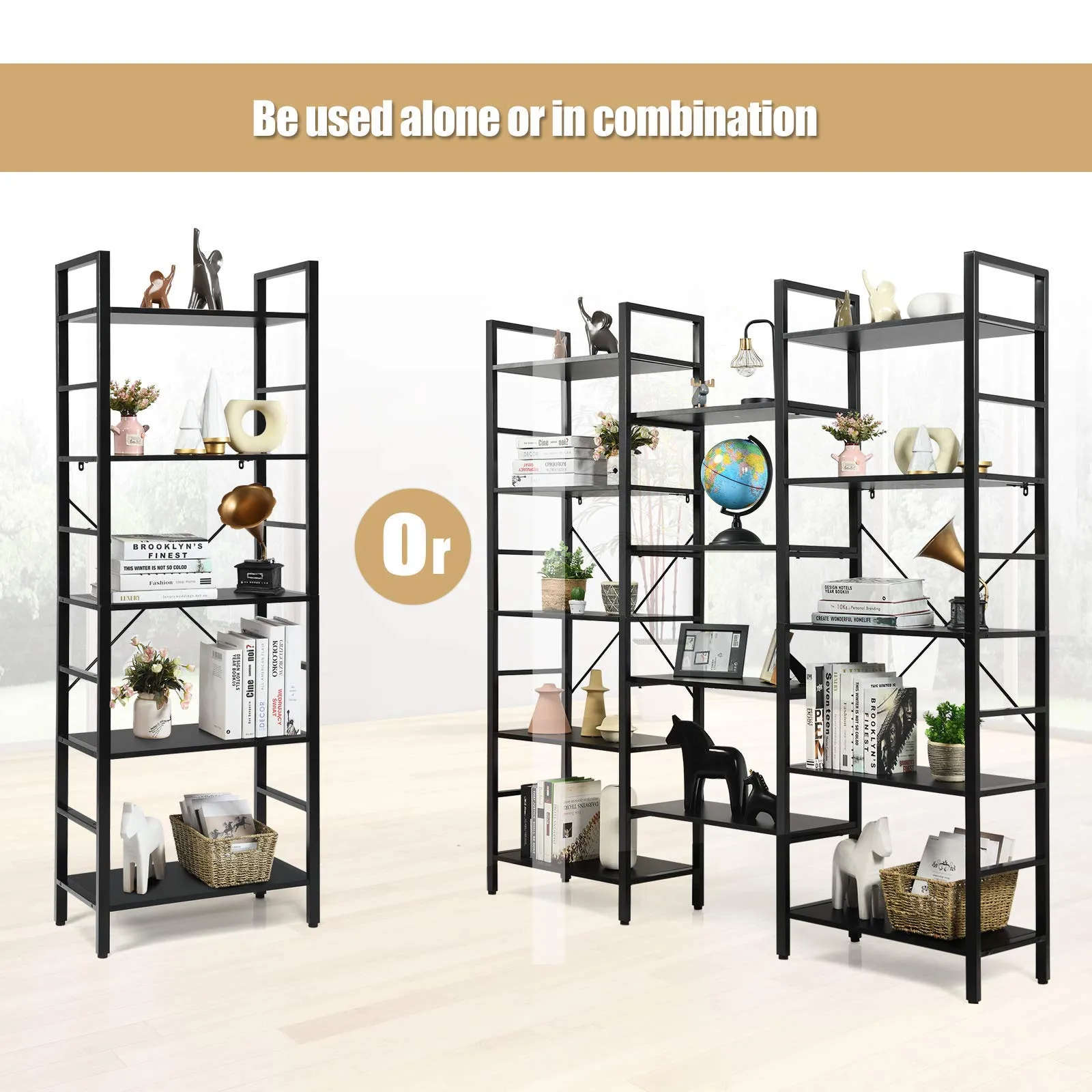 Tangkula Triple Wide 5-Tier Bookcase, Large Open Bookshelf, Display & Storage Shelf