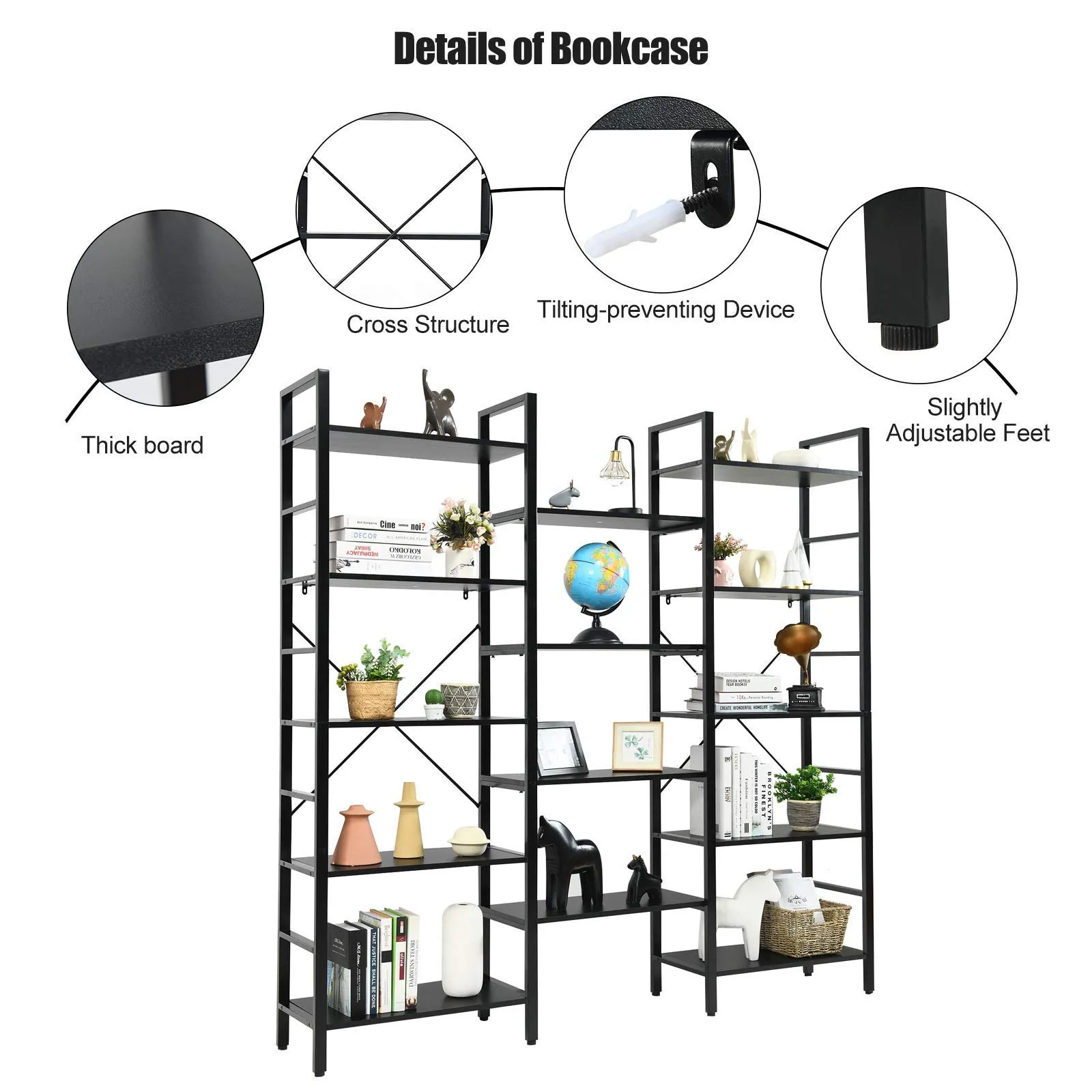 Tangkula Triple Wide 5-Tier Bookcase, Large Open Bookshelf, Display & Storage Shelf