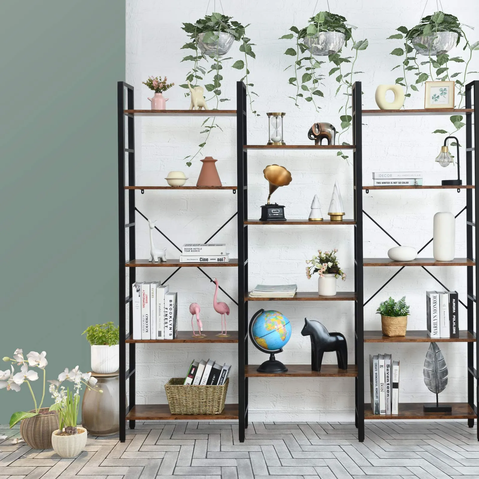 Tangkula Triple Wide 5-Tier Bookcase, Large Open Bookshelf, Display & Storage Shelf