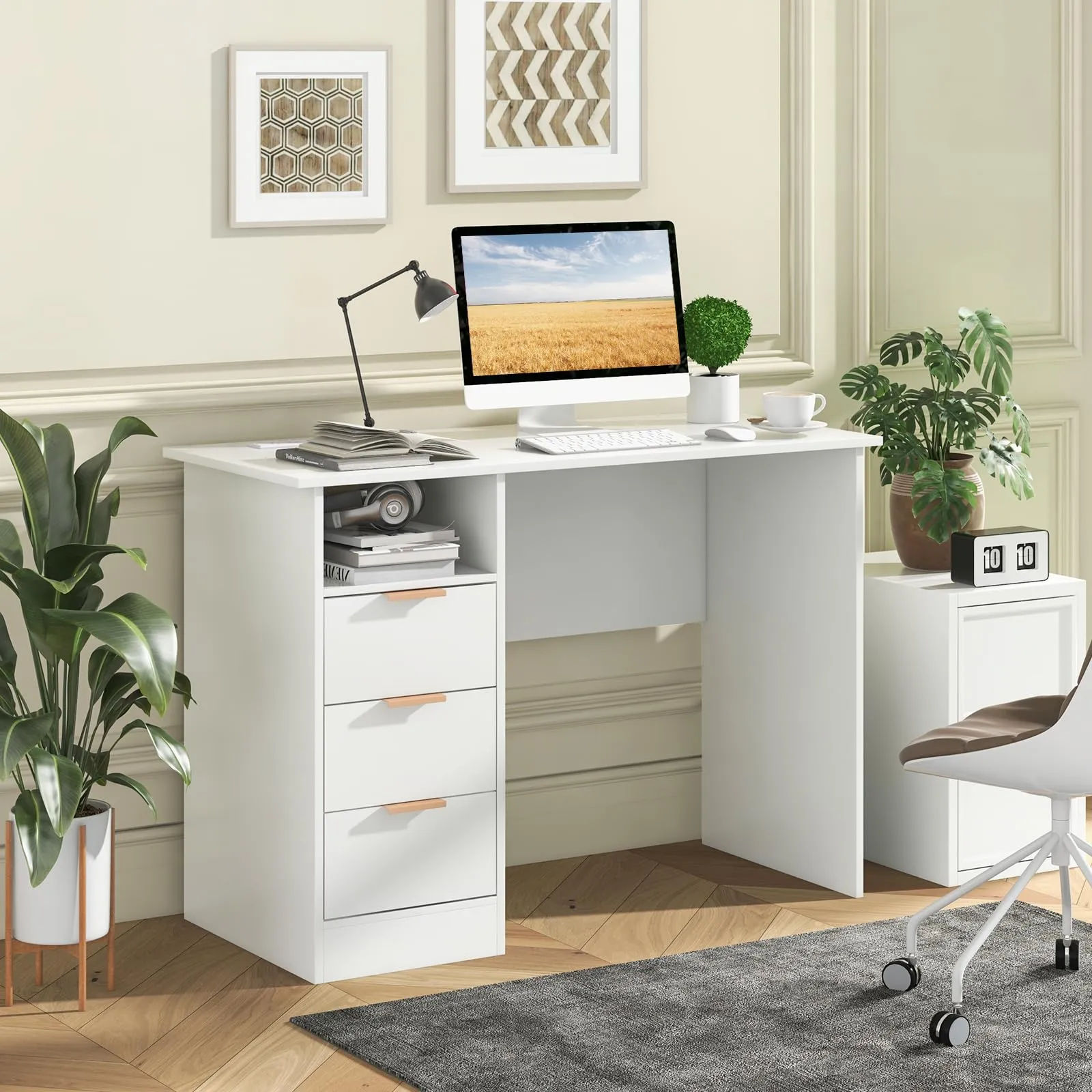 Tangkula White Desk with 3 Drawers & Built-in Charge Station, Home Office Desk with Open Storage Shelf