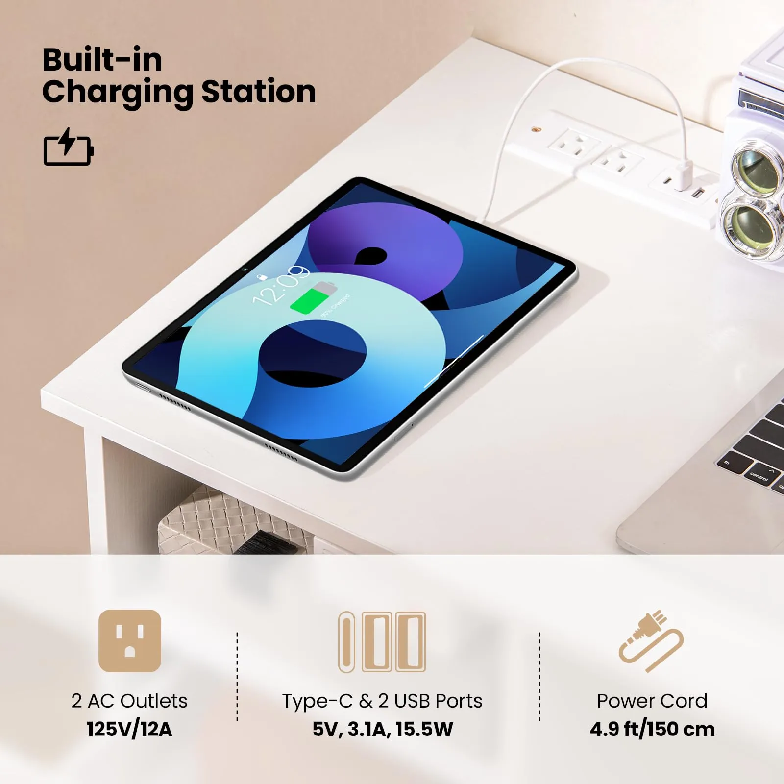 Tangkula White Desk with 3 Drawers & Built-in Charge Station, Home Office Desk with Open Storage Shelf