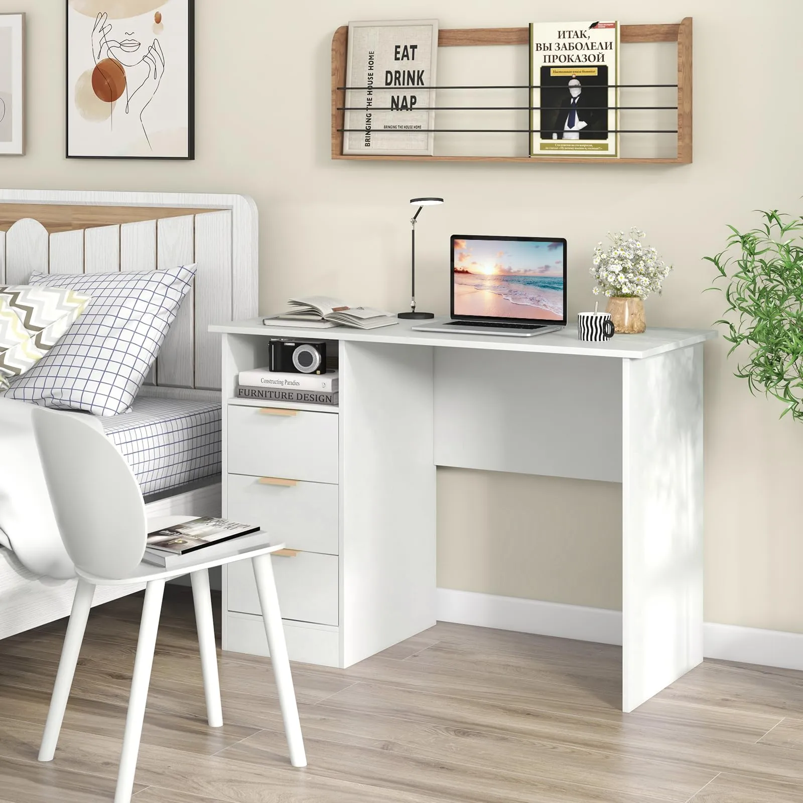 Tangkula White Desk with 3 Drawers & Built-in Charge Station, Home Office Desk with Open Storage Shelf