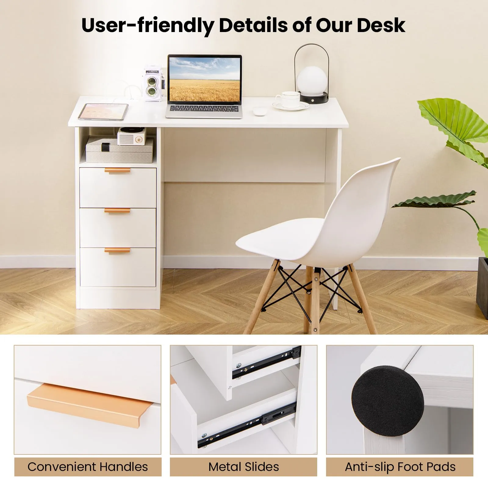 Tangkula White Desk with 3 Drawers & Built-in Charge Station, Home Office Desk with Open Storage Shelf