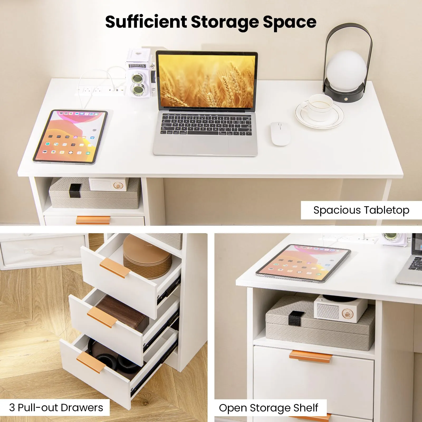 Tangkula White Desk with 3 Drawers & Built-in Charge Station, Home Office Desk with Open Storage Shelf