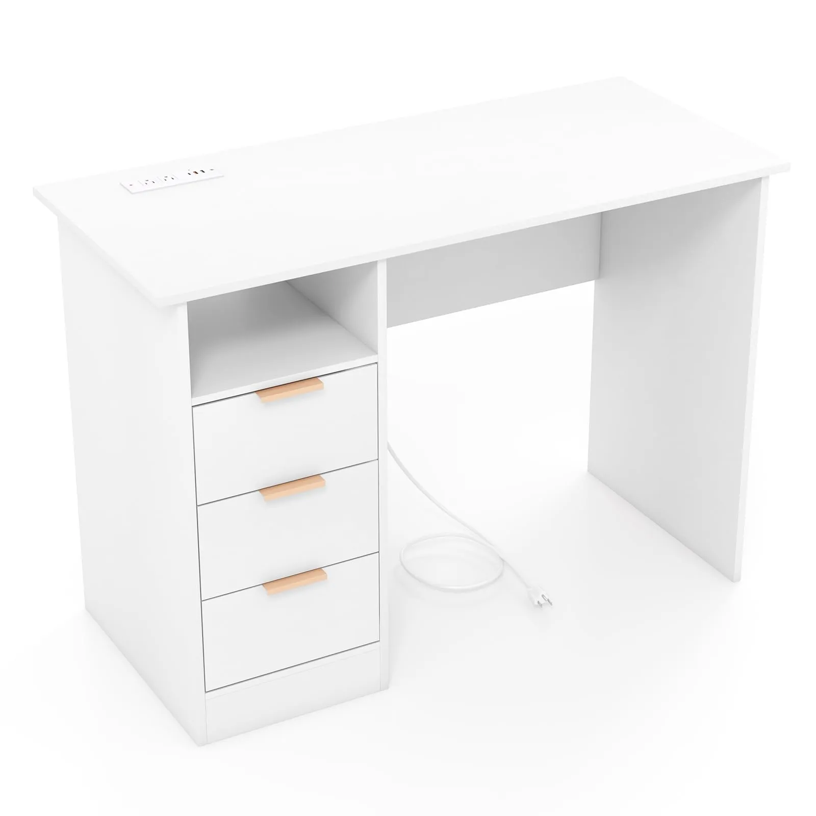 Tangkula White Desk with 3 Drawers & Built-in Charge Station, Home Office Desk with Open Storage Shelf