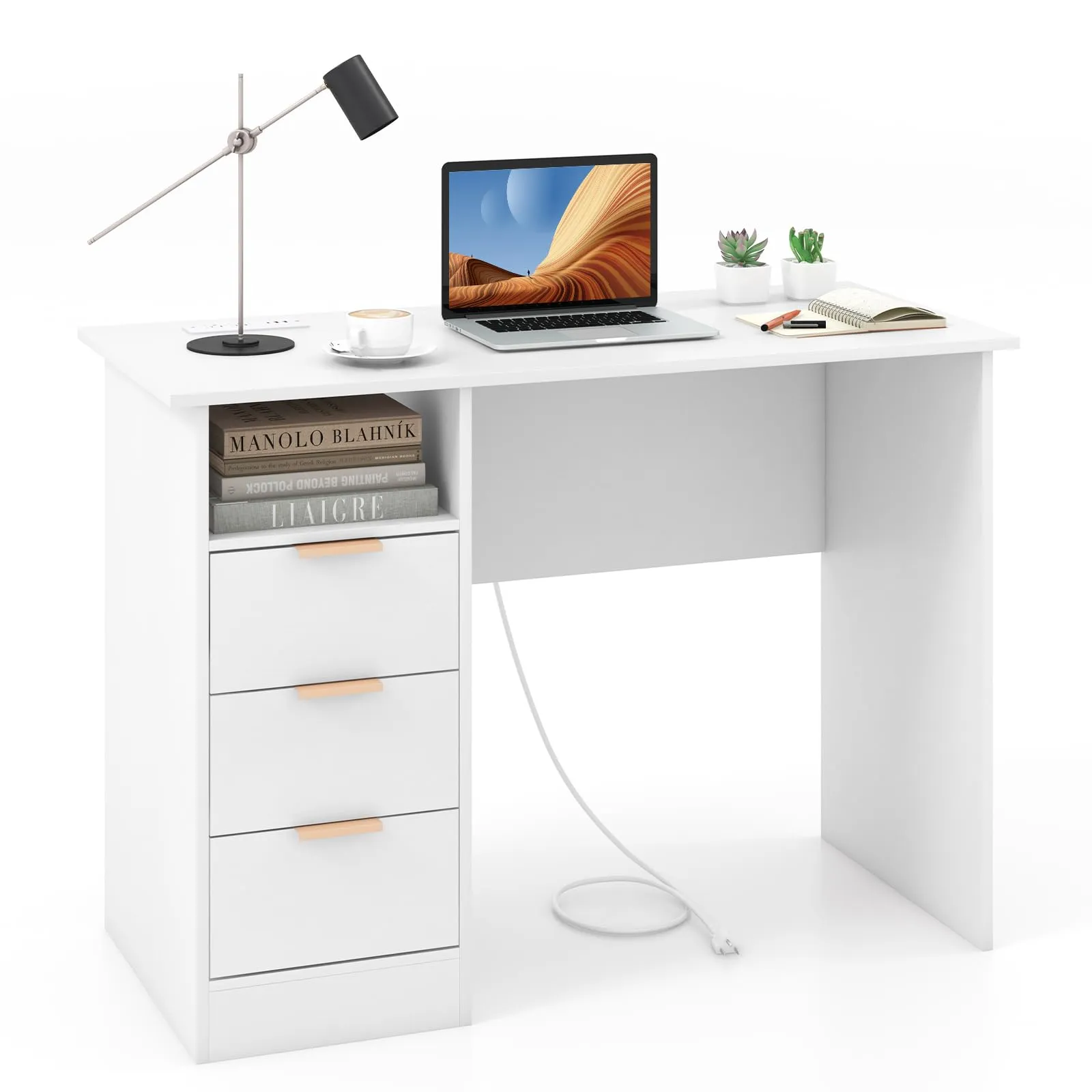 Tangkula White Desk with 3 Drawers & Built-in Charge Station, Home Office Desk with Open Storage Shelf