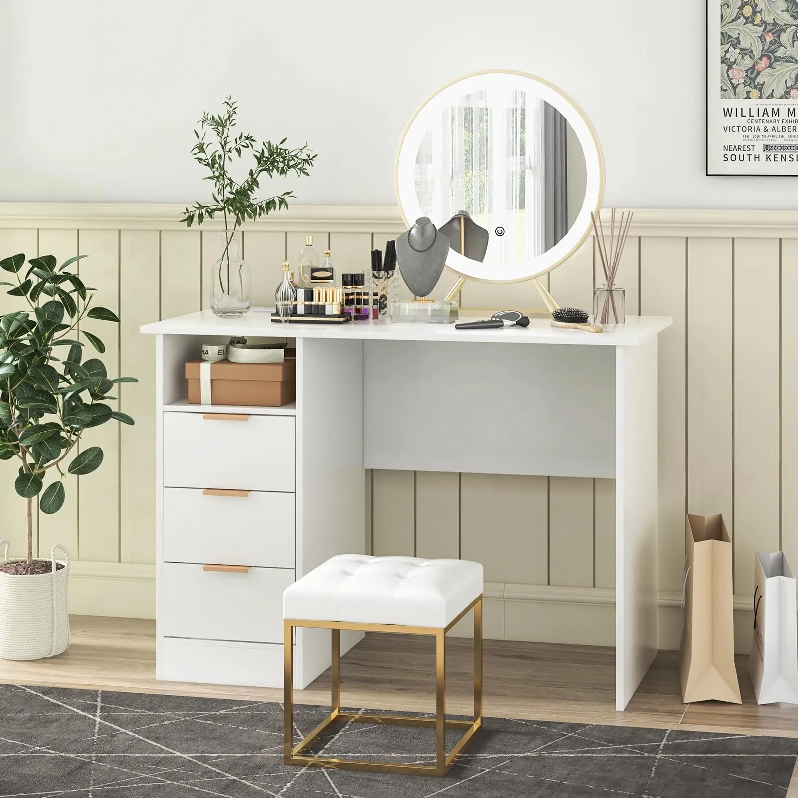 Tangkula White Desk with 3 Drawers & Built-in Charge Station, Home Office Desk with Open Storage Shelf